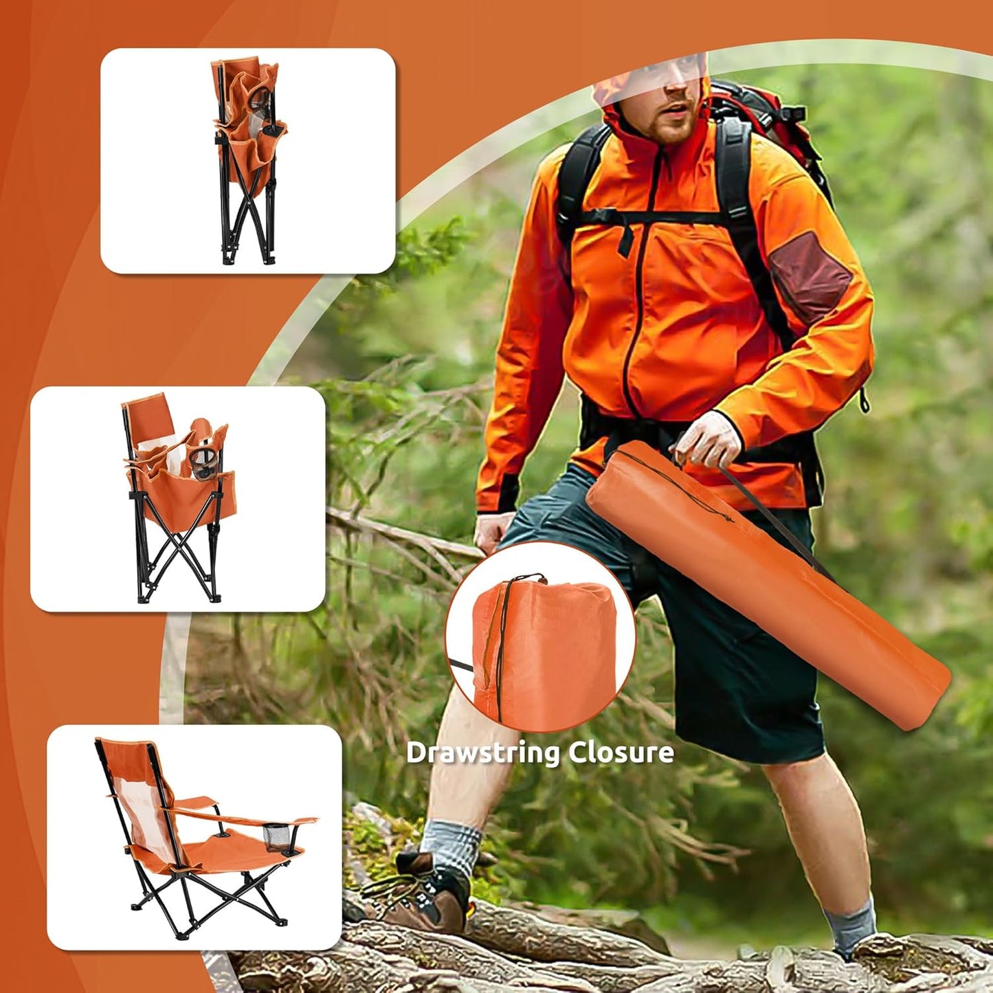 HaSteeL Folding Beach Chair Set of 2, Foldable Orange Camping Chairs for Outside, Low Beach Chair Portable for Adults Fishing, Picnic, Outdoor BBQ, Travel, Sports, Cup Holder & Storage Bag