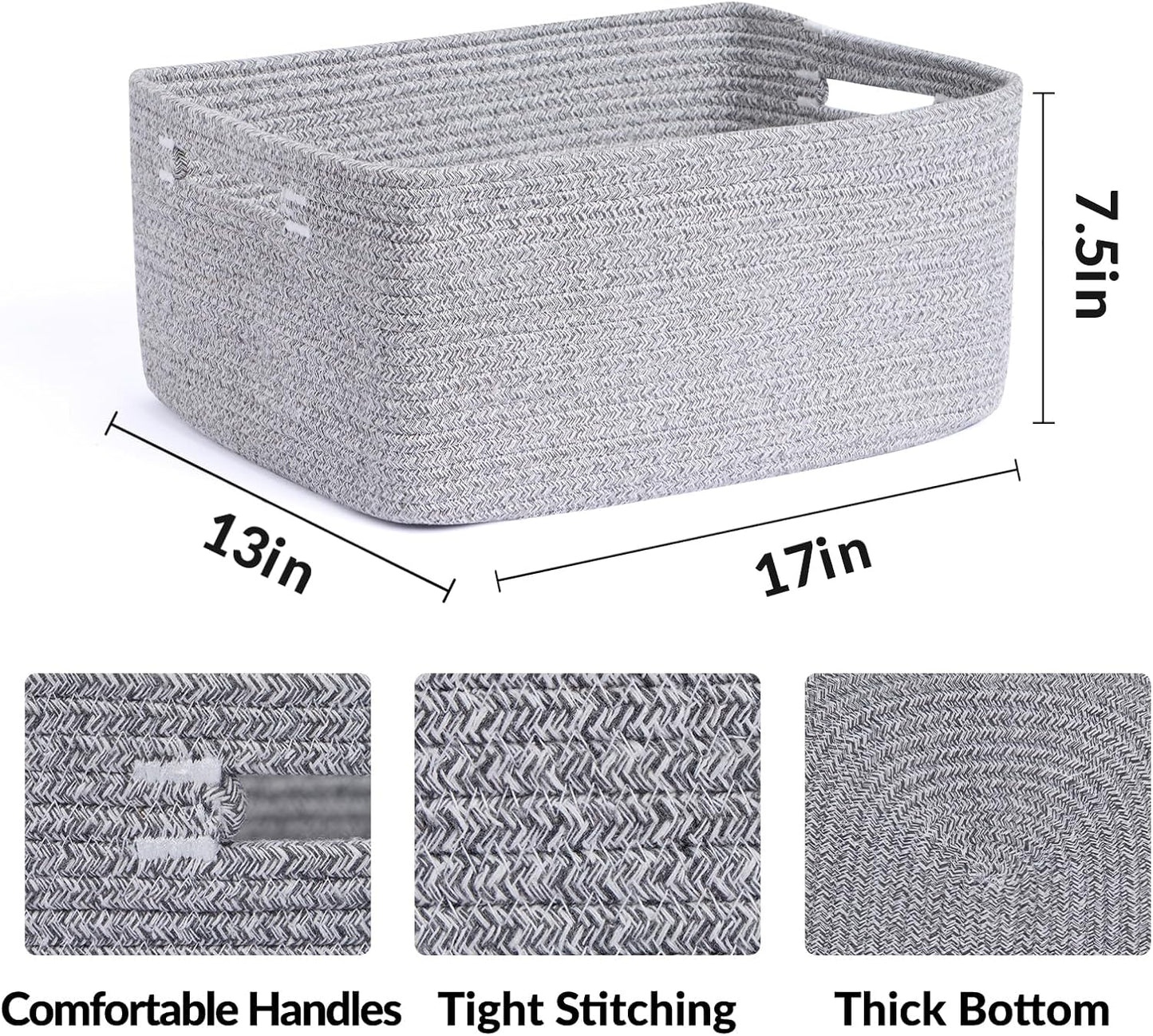 MiniArk Large Storage Baskets for Organizing, 17 x 13 x 7.5” Closet Shelf Baskets for Clothes Blanket Towels, Baby Nursery, Toy Bins Box, Woven Rope Baskets, 4 Packs Mixed Grey