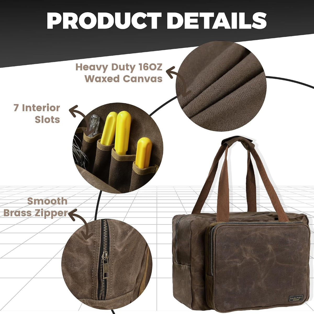 Kaaltisy 16oz Waxed Canvas Tool Bag – Robust Zipper Garden Tools Tote with 3 Compartments & Padded Handle (Grey) – Tool Organizer for Gardening Wire Cutters Goggles