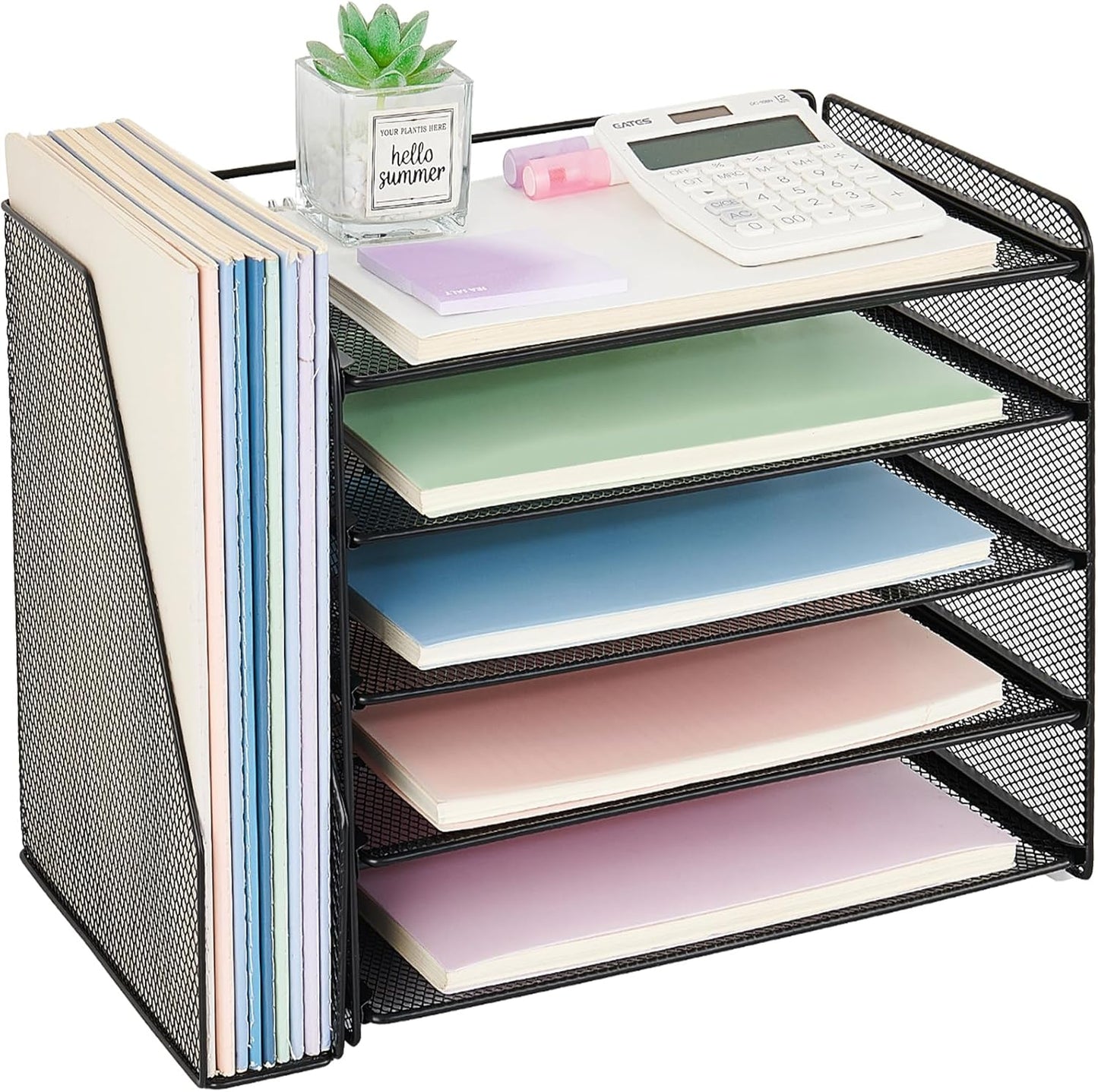 OPNICE Desk Organizers and Accessories, 5-Tier Paper Organizer Letter Tray with Magazine Holder, Office Desk Accessories & Workspace Organizers, Desktop File Organizer for Office Supplies, Black