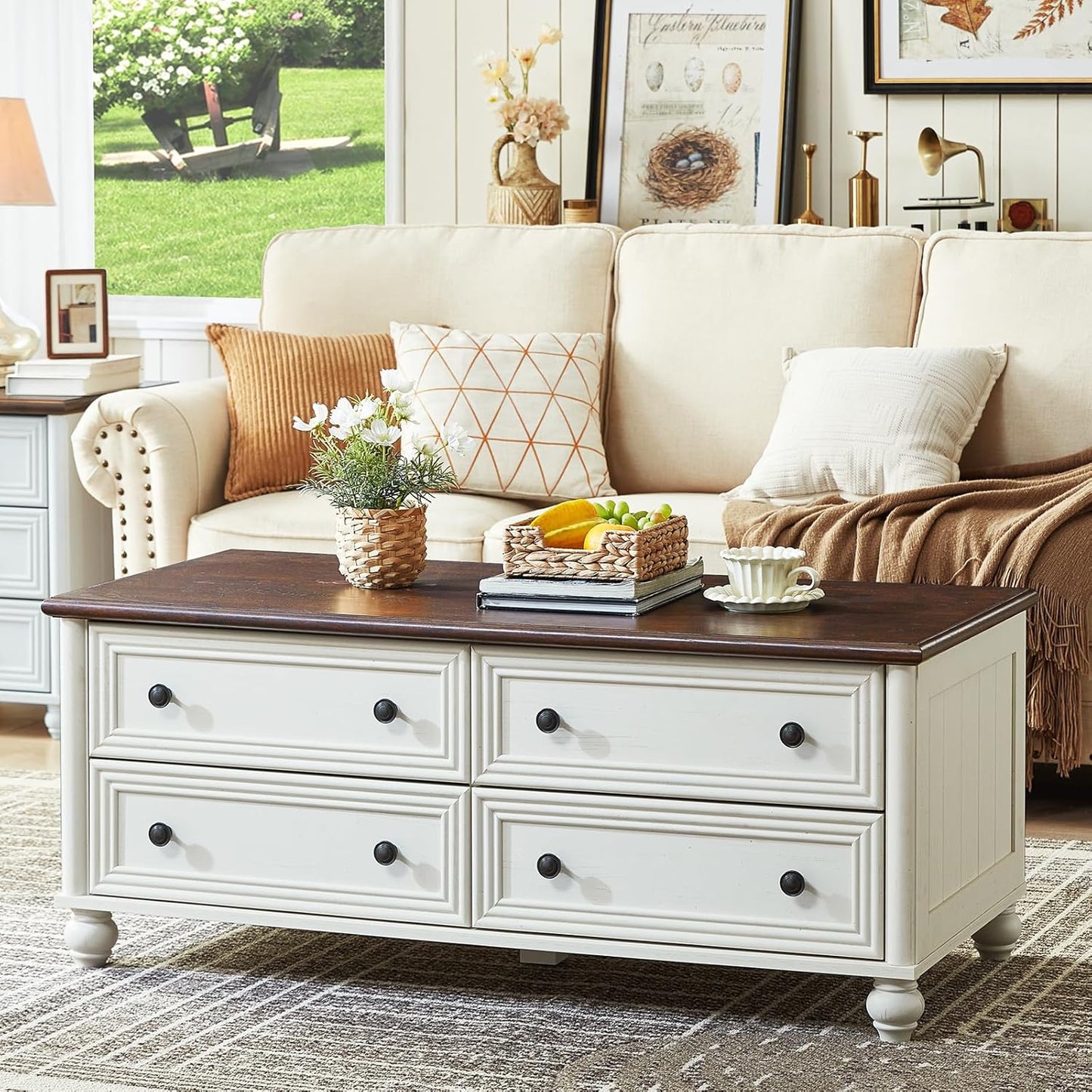 RWYHG 48" Farmhouse White Coffee Table, Center Table with 4 Drawers | High Capacity Hidden Storage, Smooth Roman Column Handles & Drawers, Solid Wood Sturdy Curved Legs, for Living Room,Office