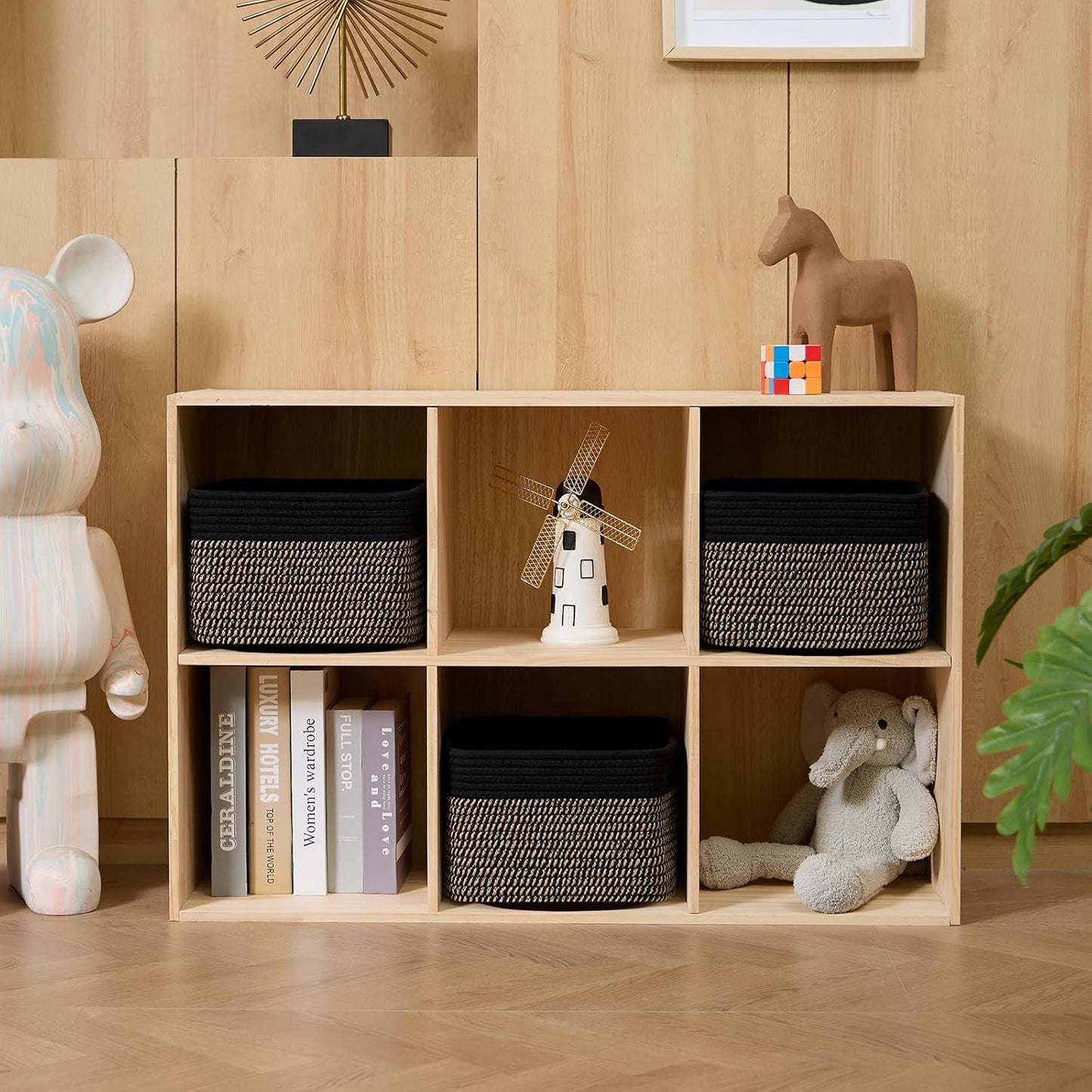 MiniArk Small Organizing Baskets for Cubes Shelf, 9.7x9.7x7.1 Inch Rope Woven Storage Bins for Nursery Shelves Storage, Cute Toy Basket, Square 3 Packs Black Brown