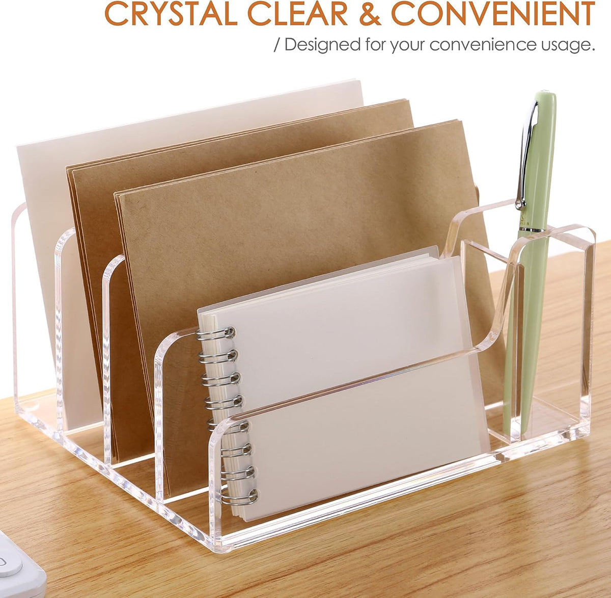 SANRUI Acrylic Mail Organizer with Pen Holder, Clear Mail Sorter, 4-Slot