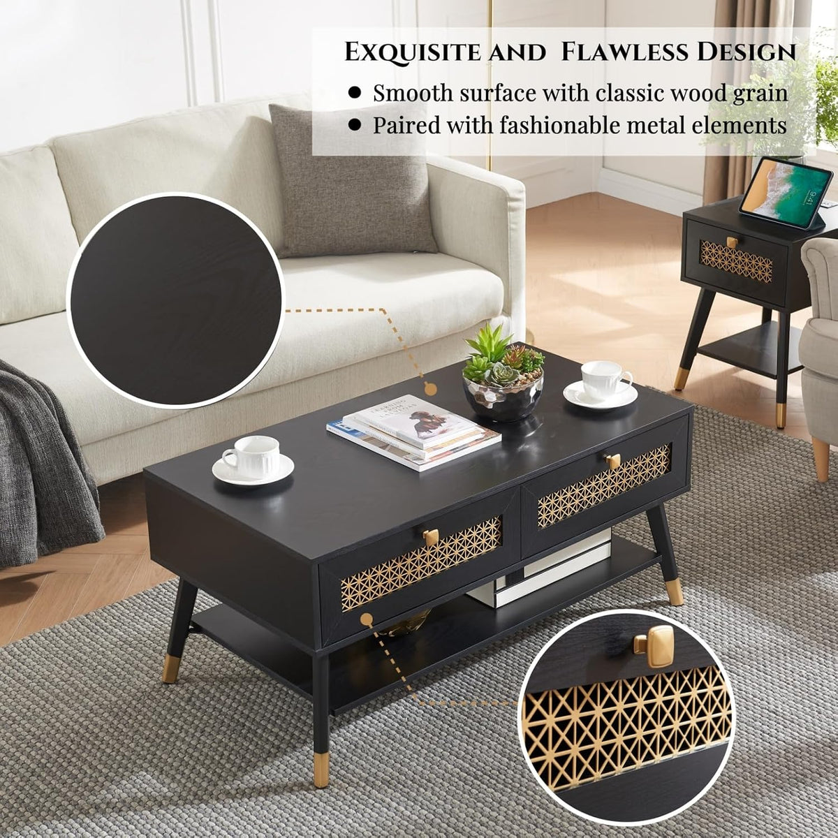 Mid Century Modern Black Coffee Table with Storage Drawers & Open Shelf, Solid Wooden Boho Rectangle Table with Metal Legs Designed for Living Room, Office, Lounge. Black Color with Golden Decor