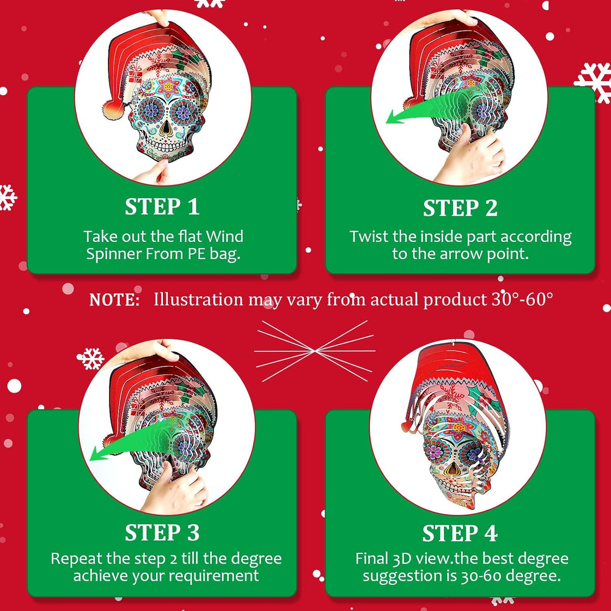 FONMY Santa Sugar Skull Wind Spinner Kinetic 3D Metal Garden Wind Sculpture Unique Gifts Christmas Decorations Quality Hanging Ornament for Home and Garden Indoor/Outdoor 12inch Mandala Wind Spinners