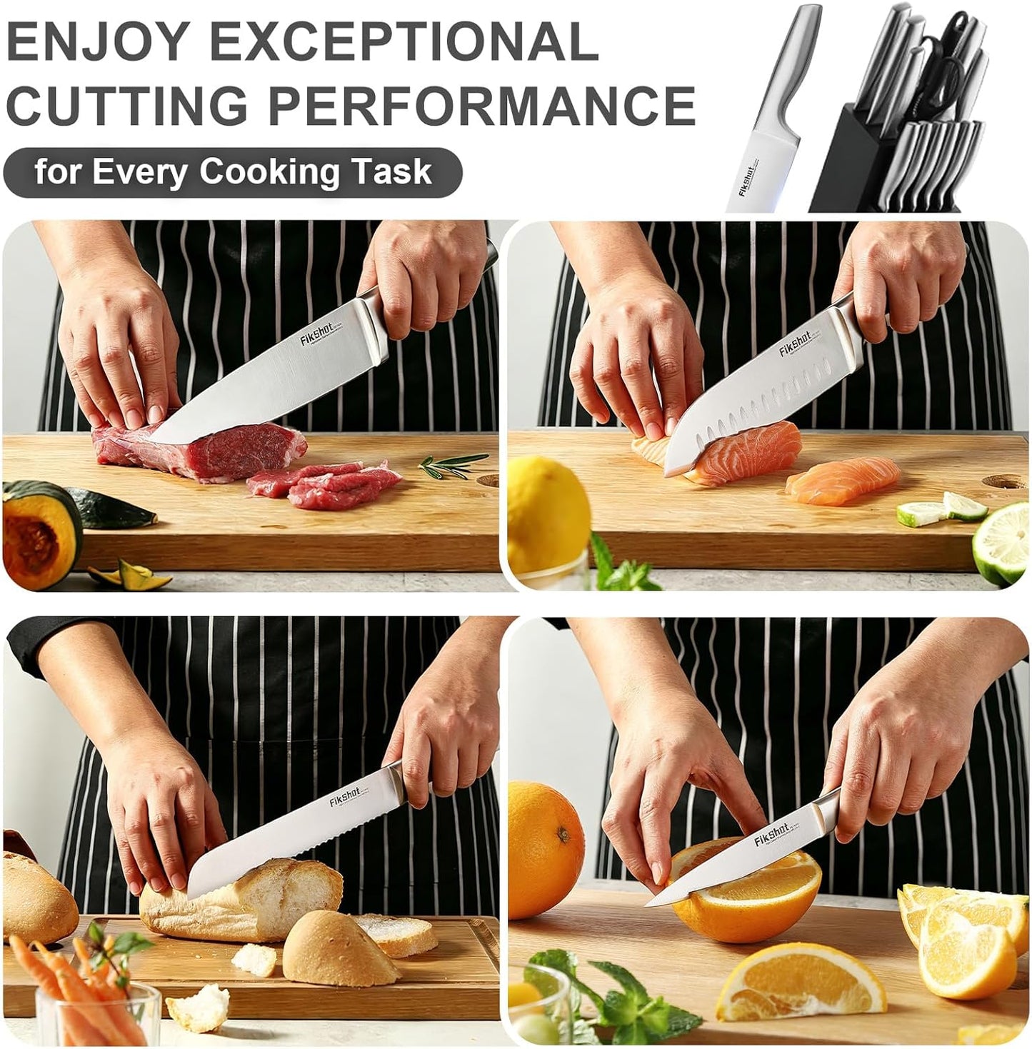 FIKSHOT Kitchen Knife Set, German Stainless Steel kitchen knives – Includes Knife Block Set & Sharpener, High Carbon, Rust-Resistant, Ergonomic Handle for Cooking, Grilling & Gifting
