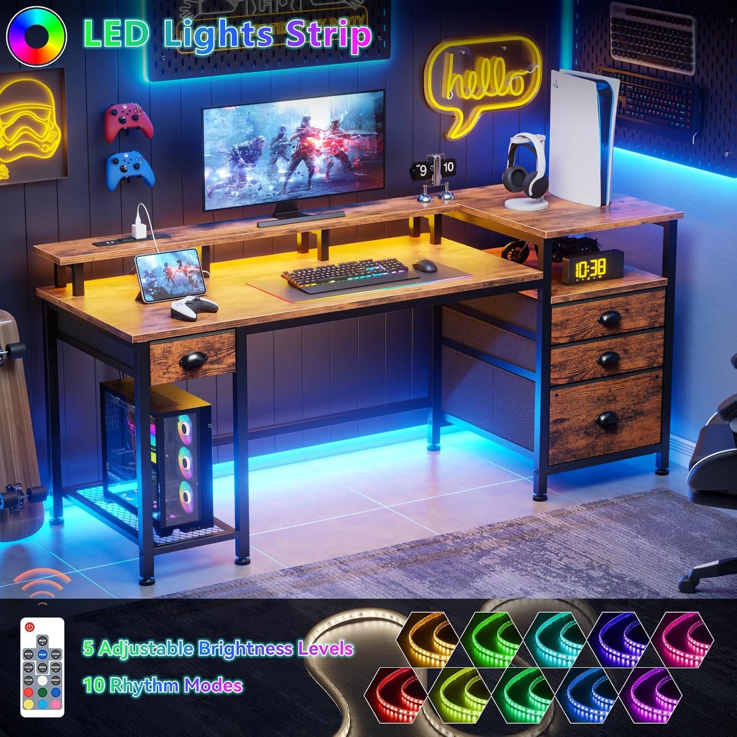 Furologee 60" Computer Desk with File Cabinet and Storage Shelves, Reversible Home Office Desk with LED Lights, Full Monitor Stand, Power Outlets, Study Gaming Table with 4 Drawers, Rustic Brown
