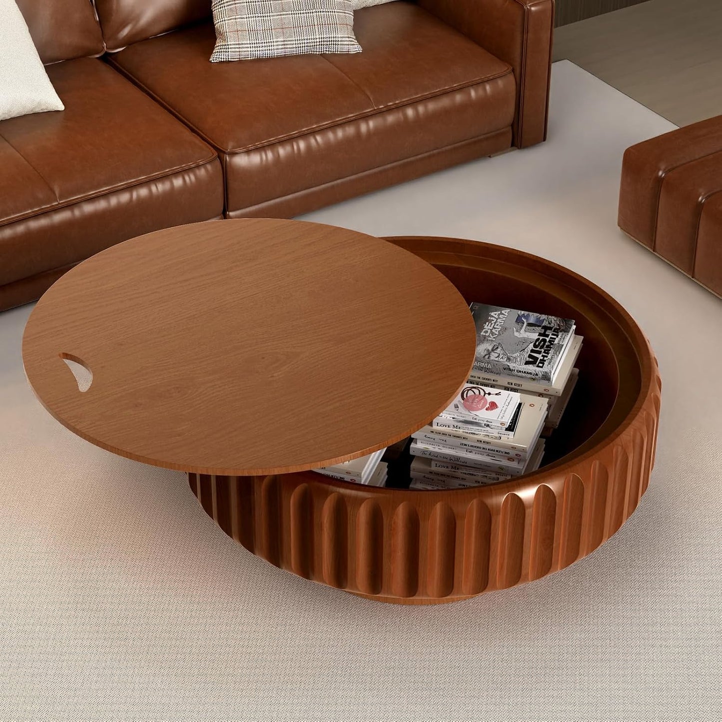 Storage Fluted Drum Coffee Table (A Brown 31.5 in) | Mid Century Wood Drum Shaped Table with Storage Compartment, Removable Lid for Living Room Bedroom, Stylish Retro Furniture