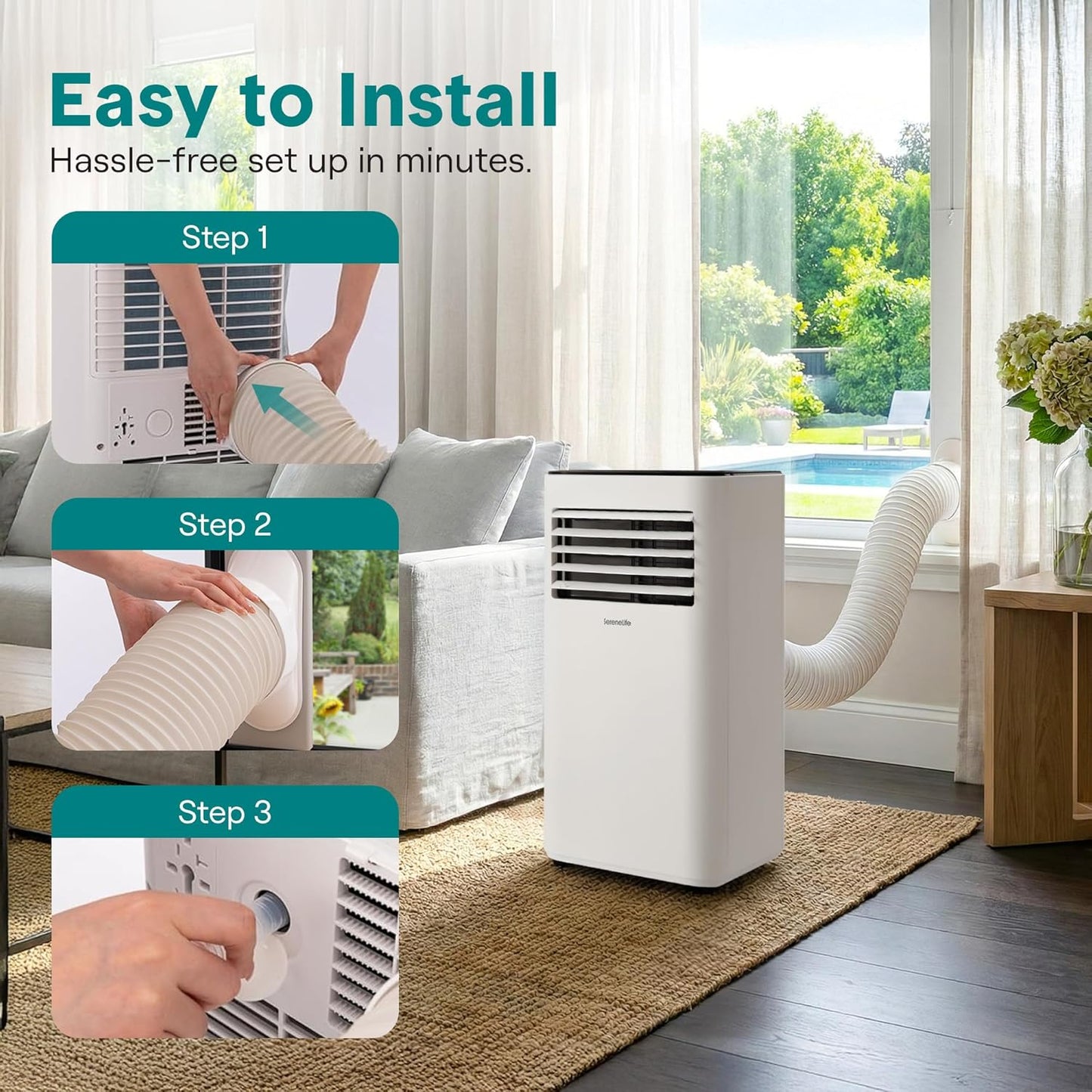 SereneLife Small Air Conditioner Portable 8,000 BTU with Built-in Dehumidifier - Portable AC unit for rooms up to 350 sq ft - WiFi app + Remote Control, Window Mount Exhaust Kit