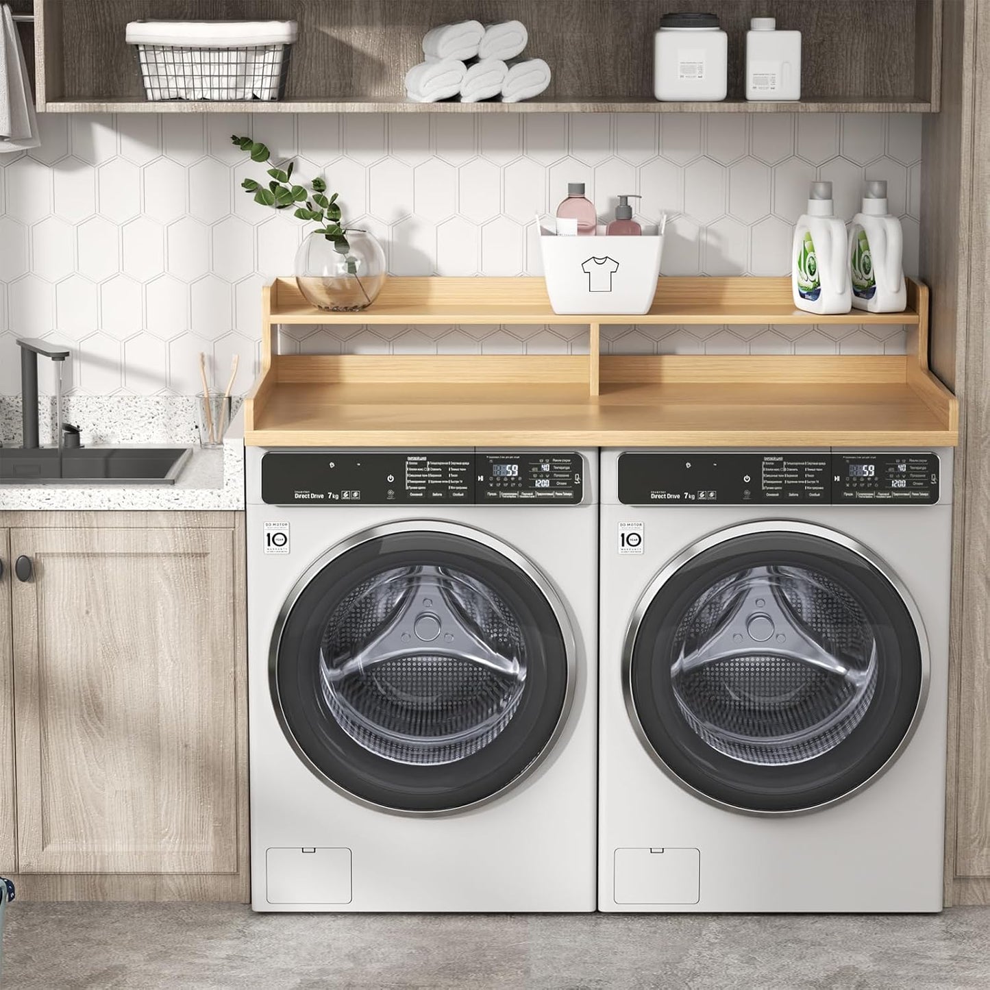 VOPEAK Washer and Dryer Countertop with Shelf, 2-Tier Washer Dryer Topper, 54" x 27.5" Spacious Laundry Countertop, Washing Machine Topper for Laundry Room Organization and Folding Clothes, Oak