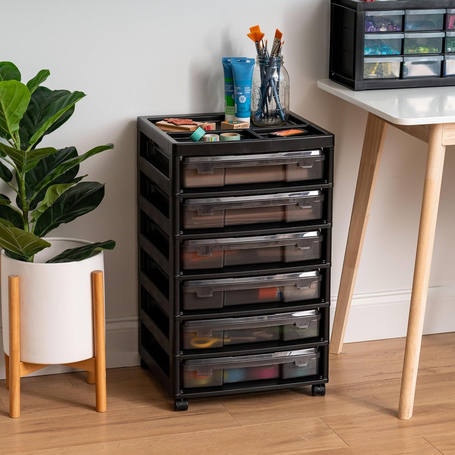 IRIS USA Fits 12" x 12" Paper, 6-Tier Scrapbook Rolling Storage Cart with Organizer for Stationery Vinyl Tools Office Art and Craft Supplies, Yarn, 6 Cases w/Built in Handle - Gray