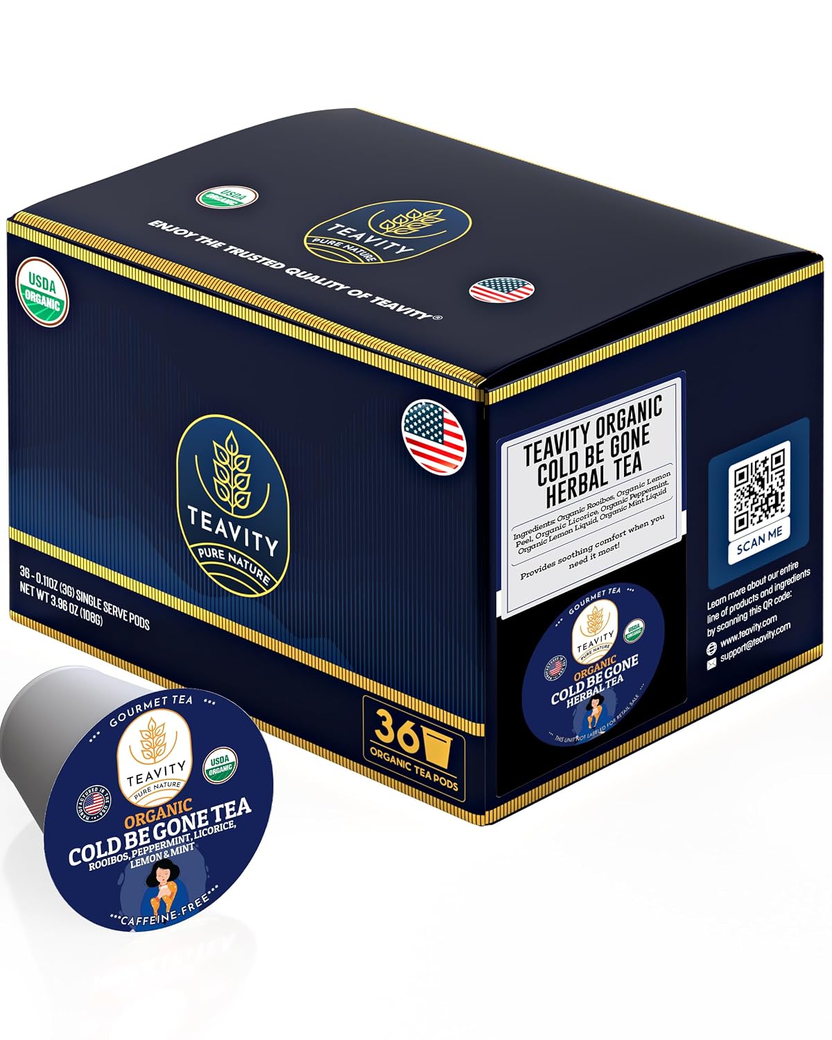Organic Rooibos Tea Pods for Keurig with Lemon, Mint, Licorice - Unsweetened Decaf Tea for K Cup Brewing - Cold- Be-Gone by Teavity (24 Tea Pods)