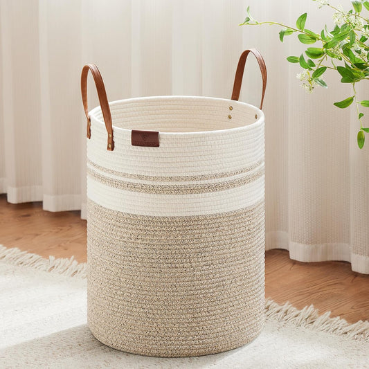 VIPOSCO 53L Tall Woven Rope Laundry Hamper, Leather Handles, Brown & White