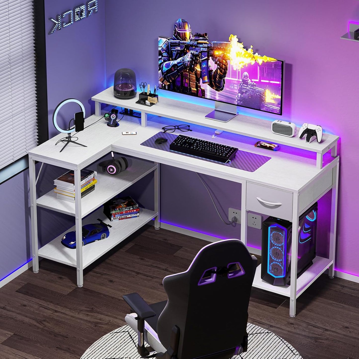 DUMOS 47" Gaming Desk with USB Charging Ports & LED Lights, Reversible L-Shaped Corner Computer Table for Small Spaces, Power Outlets, Monitor Stand & Storage Shelves Included, White