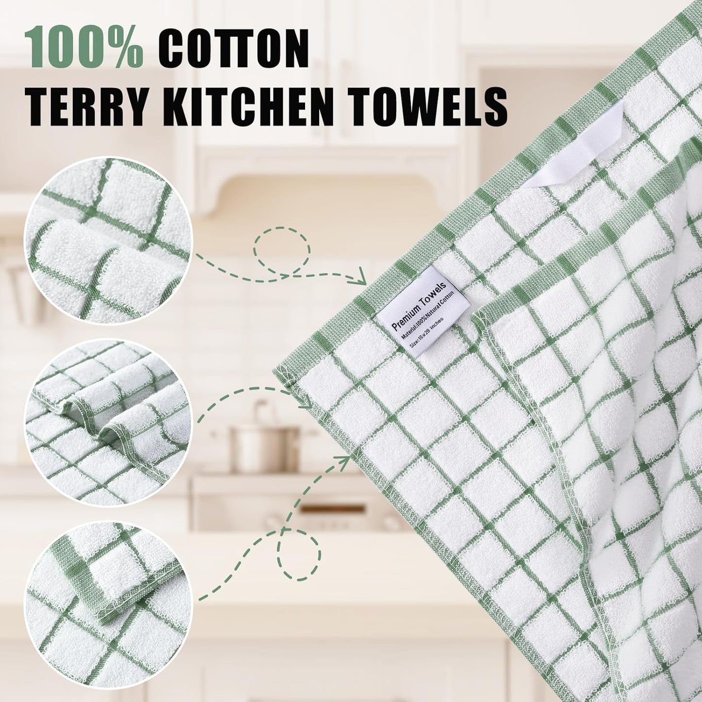 Homaxy Premium Kitchen Towels(16”x 28”, 6 Pack), Large Ring Spun Cotton Dish Towels, Super Absorbent Soft Terry Kitchen Hand Towels, Check Design Tea Towel Set with Hanging Loop, Grass Green