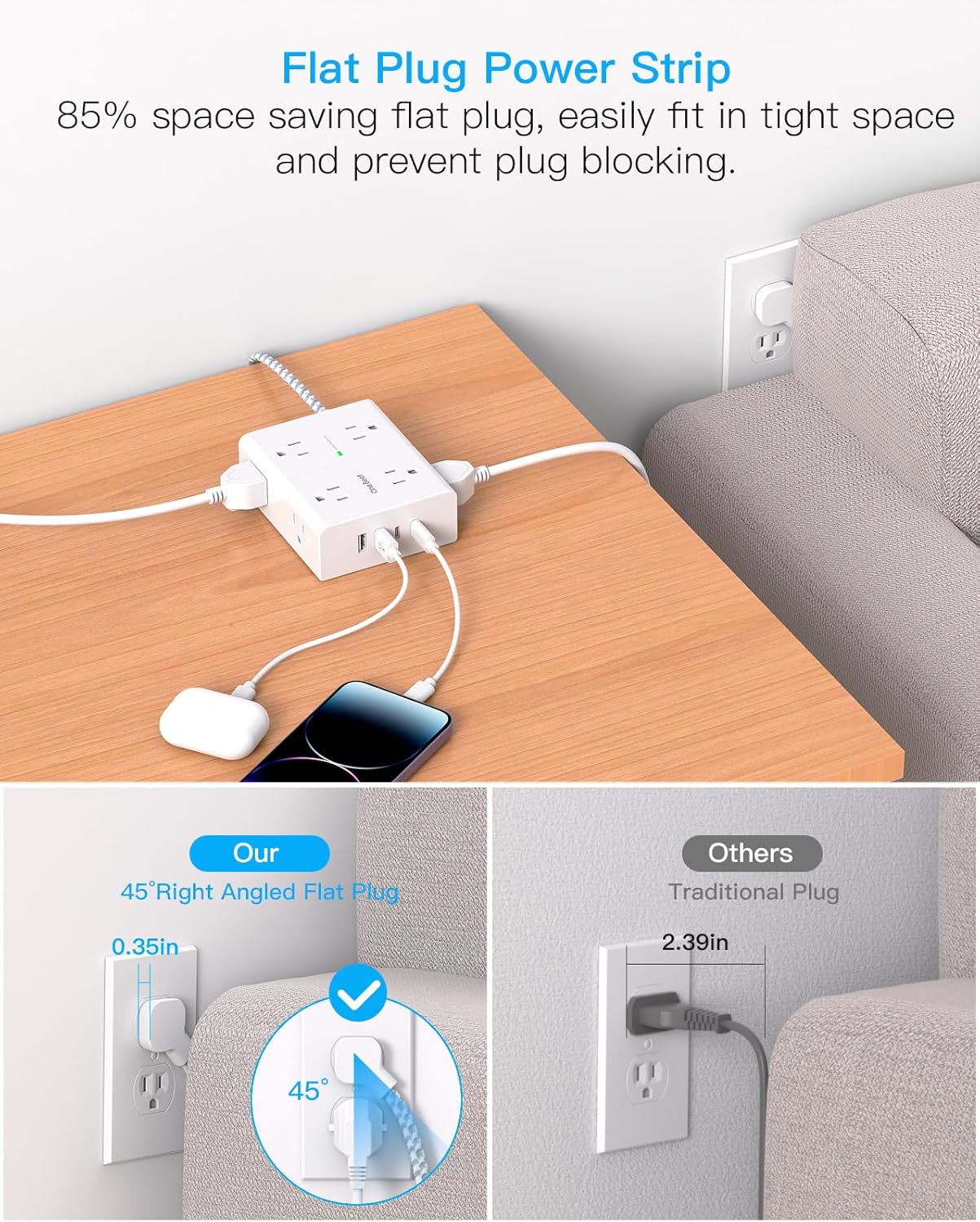 Surge Protector Power Strip 15 Ft Cord, Ultra Thin Flat Extension Cord with 8 Outlets 4 USB Ports(2 USB C), Flat Plug Power Strip, 15 Ft Long Braided Power Cord for Home, Office, Dorm Room Essentials
