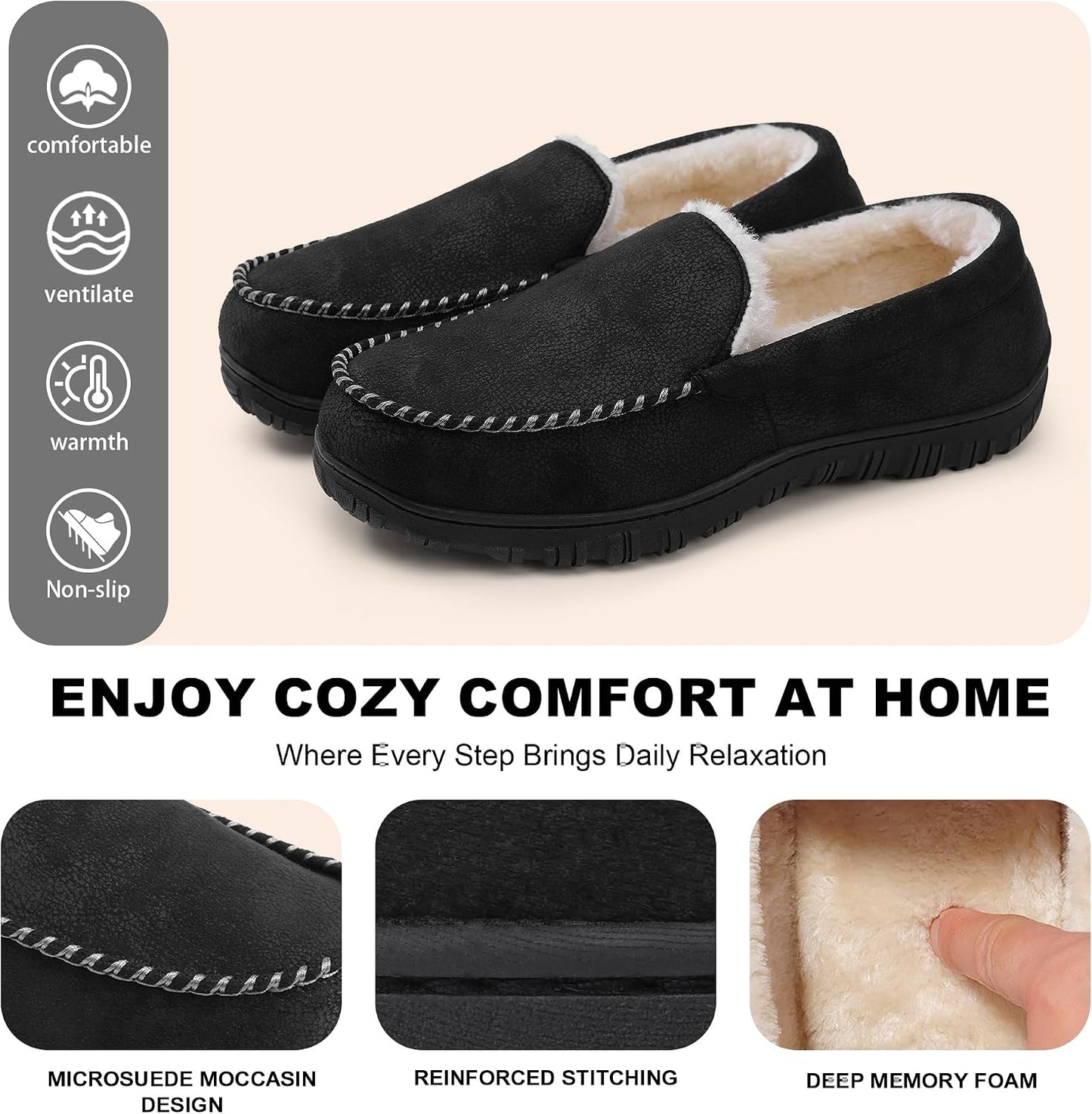 shoeslocker Men's Slippers Indoor Outdoor Warm Soft Plush Memory Foam House Slippers for Men Comfortable Bedroom Moccasin Slipper Non-Slip