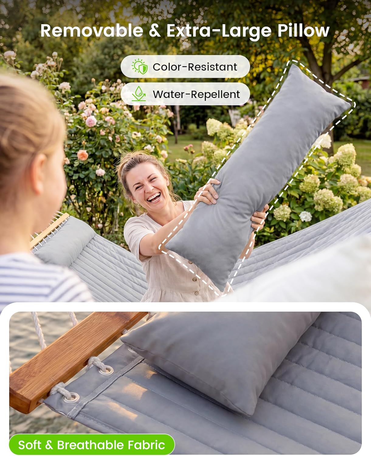 ANAGOO Double Quilted Outdoor Hammock for 2 Adults, 500lb Capacity Backyard & Camping Hammock with Pillow and Bamboo Spreader Bar, Fits 11–15ft Hammock Stands (Stand Not Included),Dark Gray