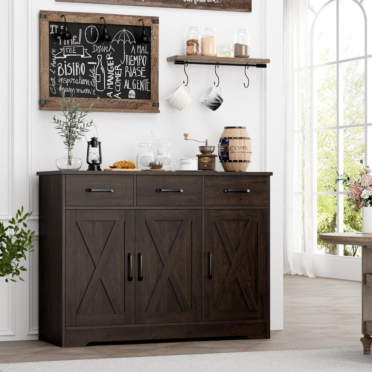 HOSTACK Kitchen Buffet Cabinet with Storage, Sideboard Coffee Bar, Brown | Farmhouse Kitchen Storage Cabinet with 3 Drawers & Adjustable Shelf & Doors, 42.5"W Buffet Table for Dining Living Room