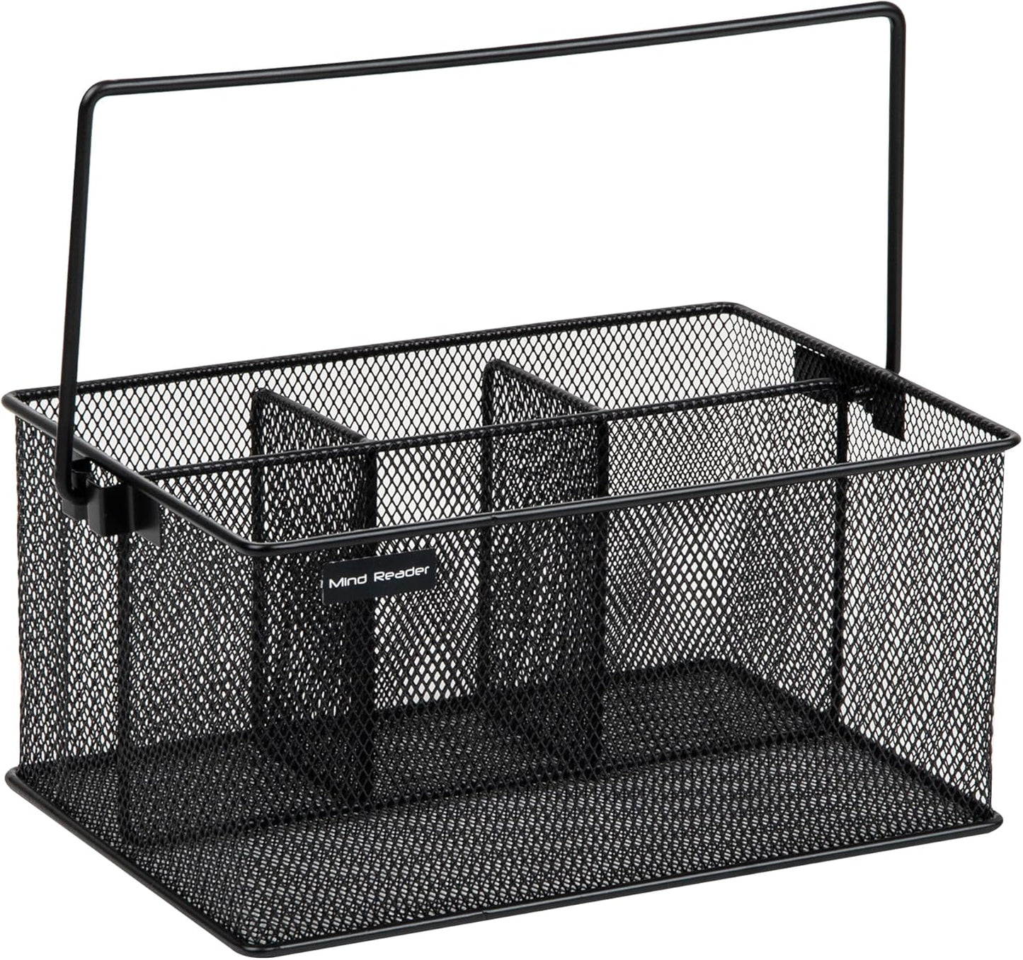 Mind Reader Multi-purpose Storage Caddy with Handle, Desktop Organizer, Cutlery Holder, 4 Compartments, Metal Mesh, Black