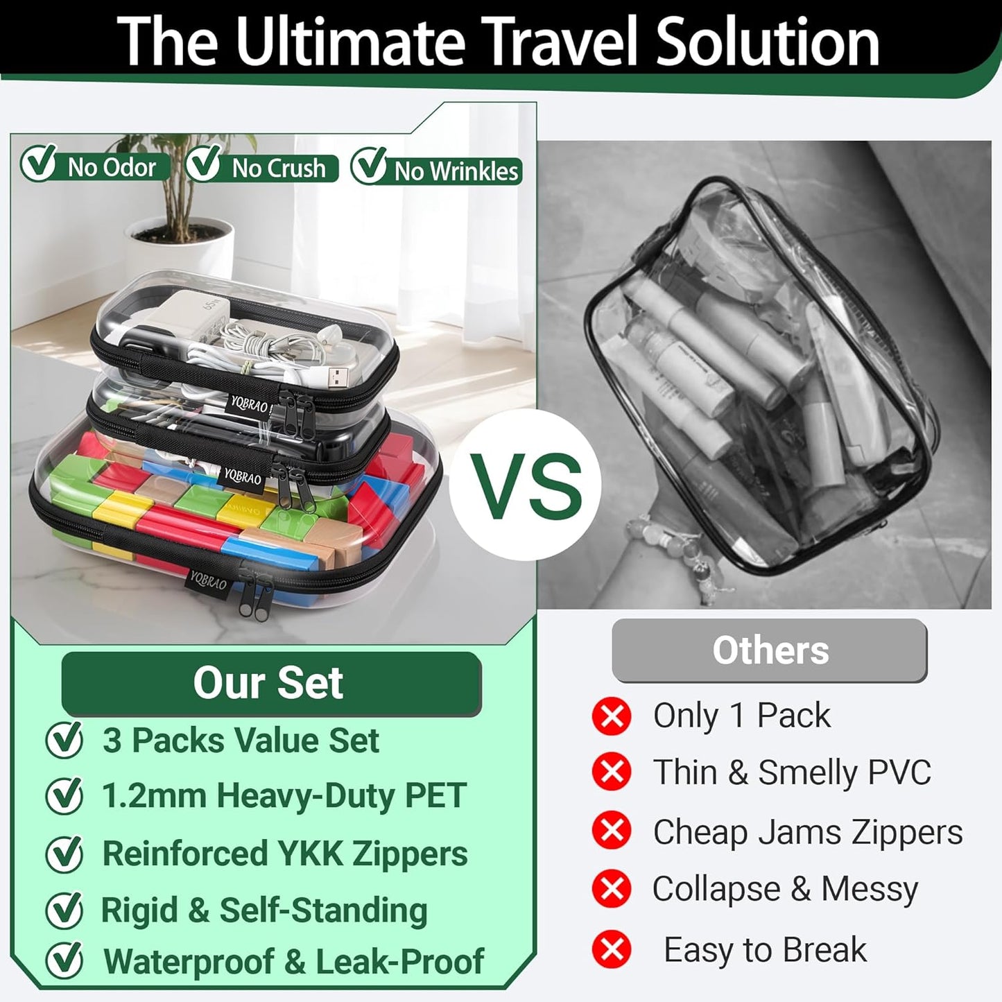 YQBRAO 3-Pack Clear Hard Shell Zipper Case Black, 1.2mm Heavy-Duty Crush-Proof Travel Makeup Bag, TSA Approved Clear Zipper Pouches, Rigid Toiletry & Diaper Bag Organizer for Tech, Toys & Art Supplies