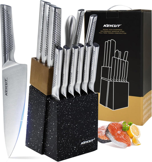 KEYCUT 13 PCS Knife Set with Block, Upgraded 5Cr15Mov High Carbon Stainless Steel Kitchen Knife Sets with Block and Sharpener, Ergonomic Full-Tang Handle, Professional Kitchen Knife Set