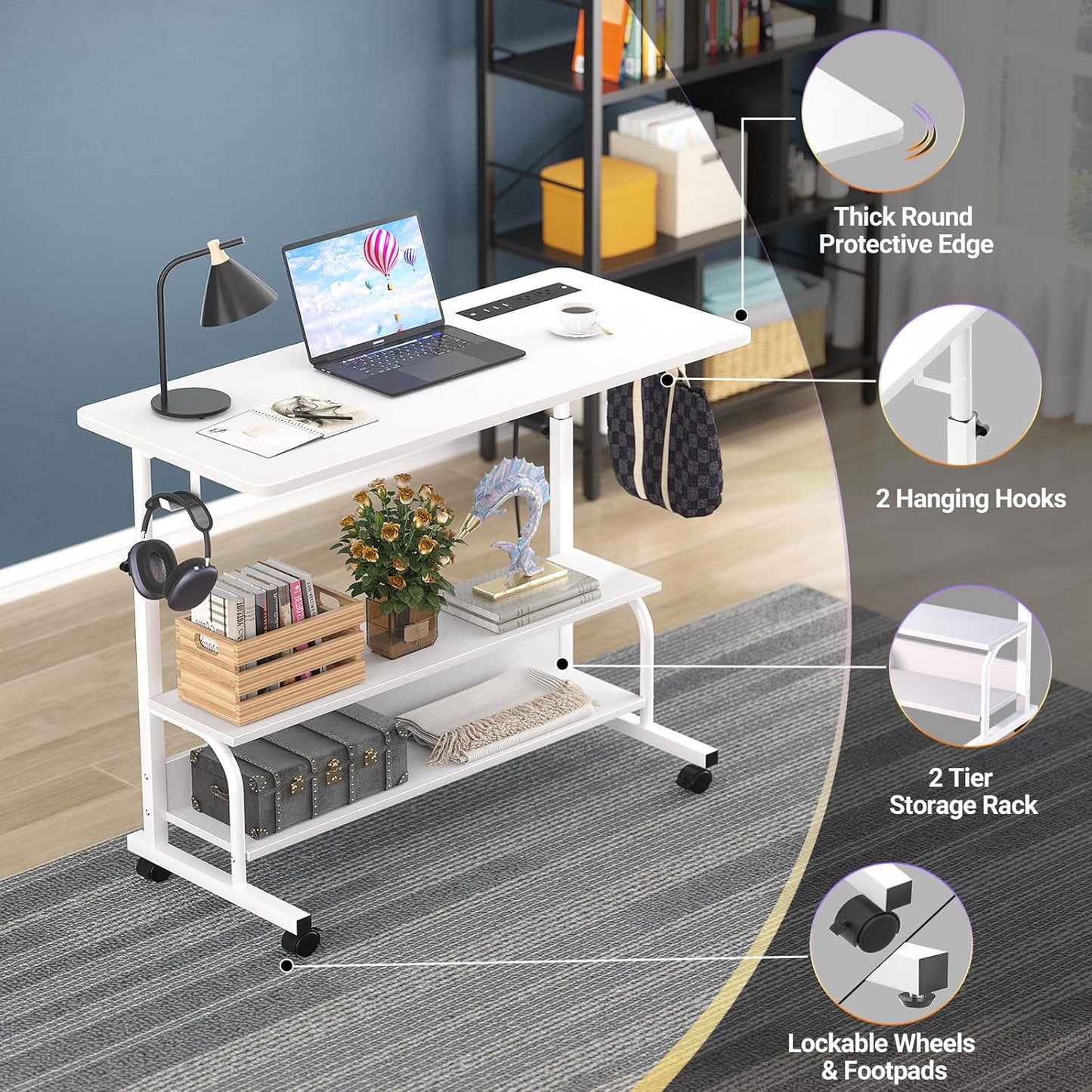Armocity Rolling Standing Desk with Charging Station, Portable Height Adjustable Mobile Computer Desk with Wheels & 2-Tier Shelves & Hooks, Easy Assembly Laptop Table for Couch Bed, 32" White