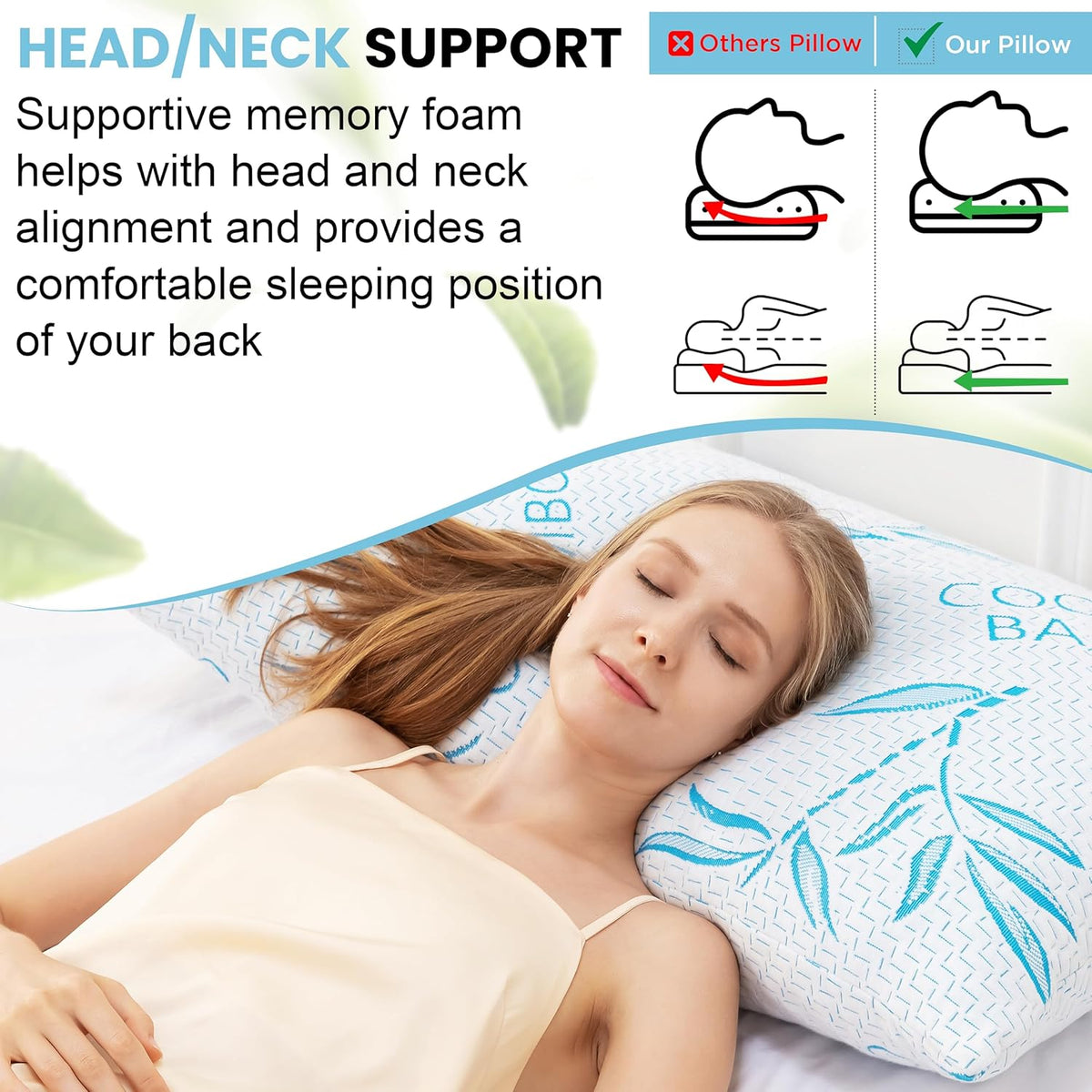 ComfySleep Queen Size 2 Pack Rayon Made from Bamboo Pillows for Sleeping, Cooling Shredded Memory Foam Adjustable Bed Pillow with, Removable/Washable Cover (Queen 2 Pack)