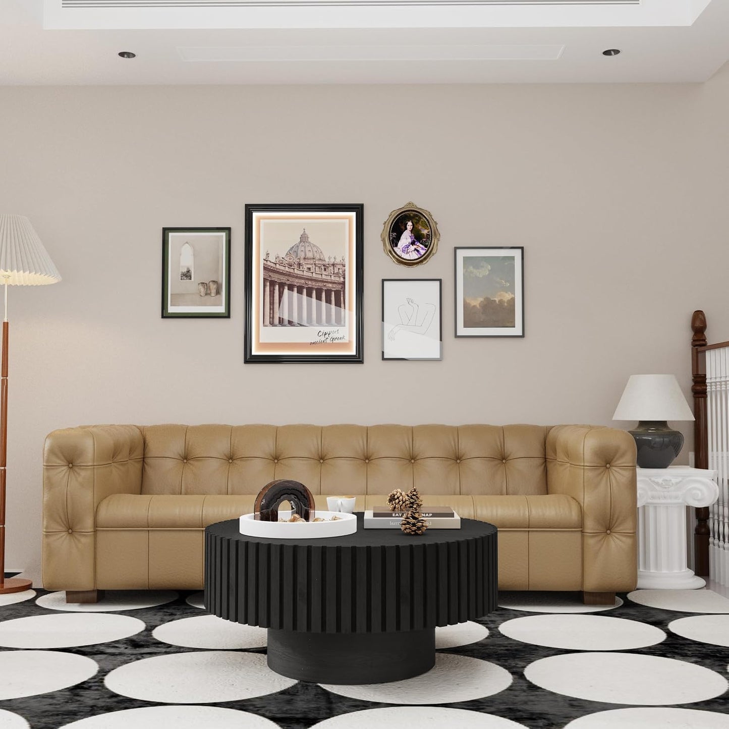 31.5" Modern Drum Coffee Table, Black | Unique Fluted Round Coffee Table, Contemporary Handcrafted Wood Tea Table for Living Room