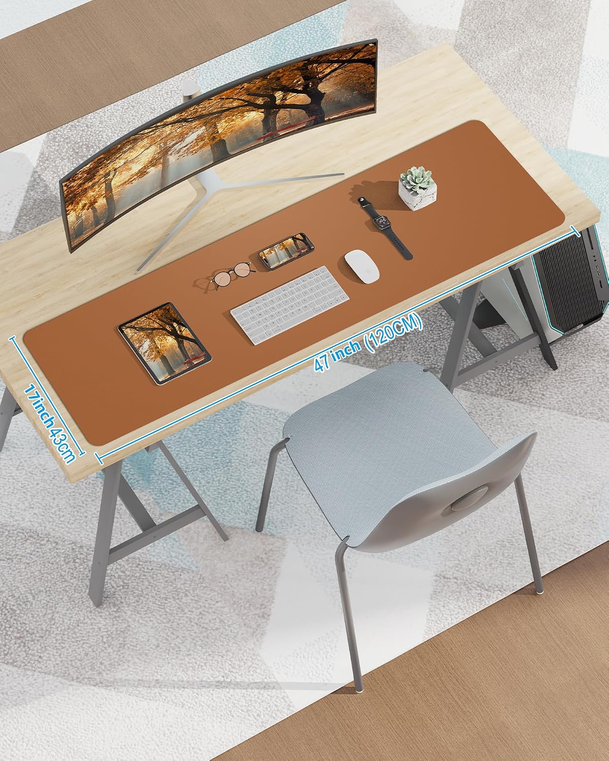 AFIING Leather Desk Pad Protector,Mouse Pad,Office Desk Mat, Non-Slip PU Leather Desk Blotter,Large desk mat,Waterproof Keyboard mat for Office/Home/Decor (Light Brown,48"" x 17"")