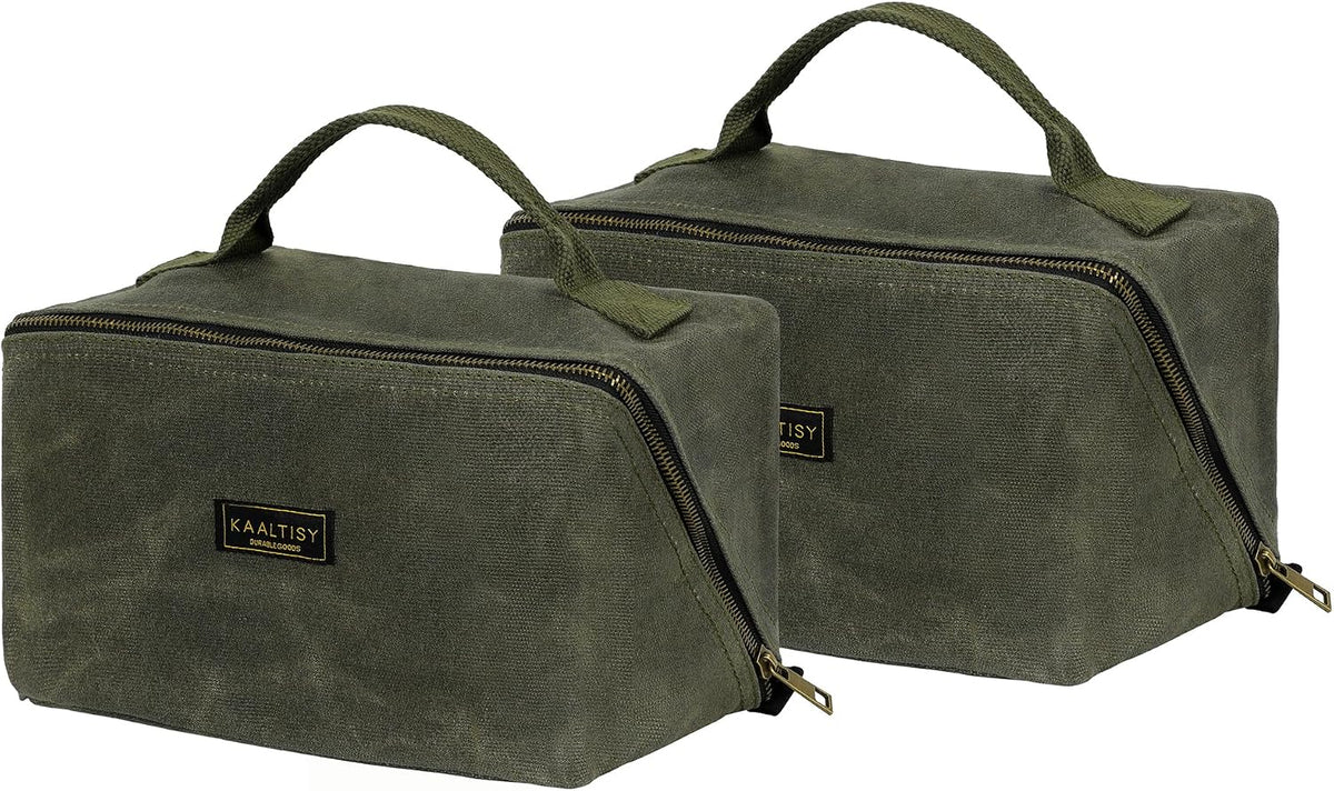 Canvas Tool Bag, Zippered Tool Pouch with Handle, 16 OZ Waxed Canvas Tool Storage Organizer | 2-Pack | 9.5"L x 10.5"W x 5.5"H (Opened) - Army Green