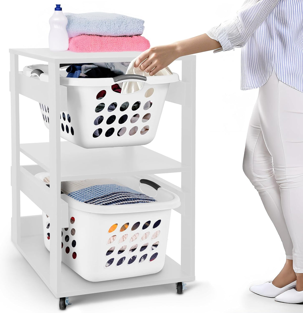 Laundry Basket Holder Shelf – Stackable Engineered Wood Laundry Tower, Tiered Hamper Organizer for Bathroom, Bedroom, Closet (Black, 2 Tier)