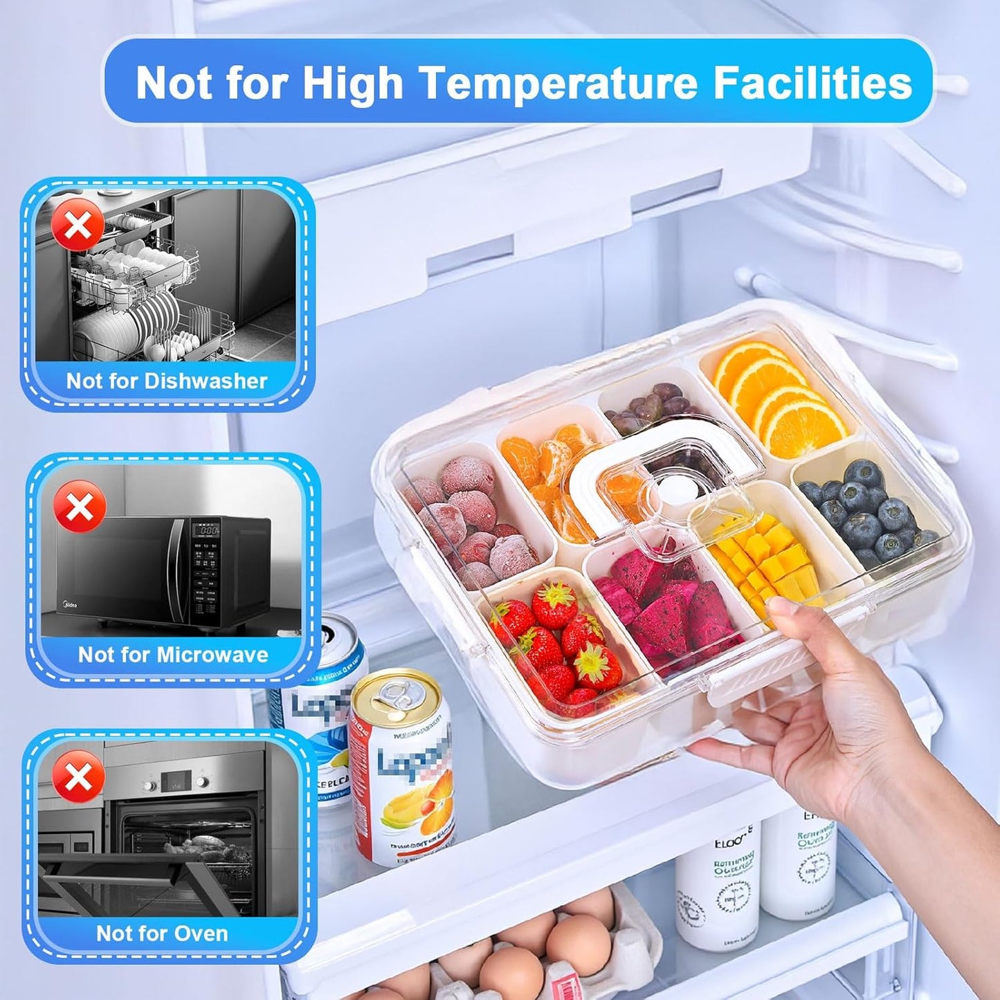 Portable Snackle Box Container with Ice Pack,Snack Container Divided Serving Tray Insulated Bag, Cooling Travel Snacklebox with Lid & Handle,8 Compartment Chilled Serving Tray for Beach,Outdoor,Picnic
