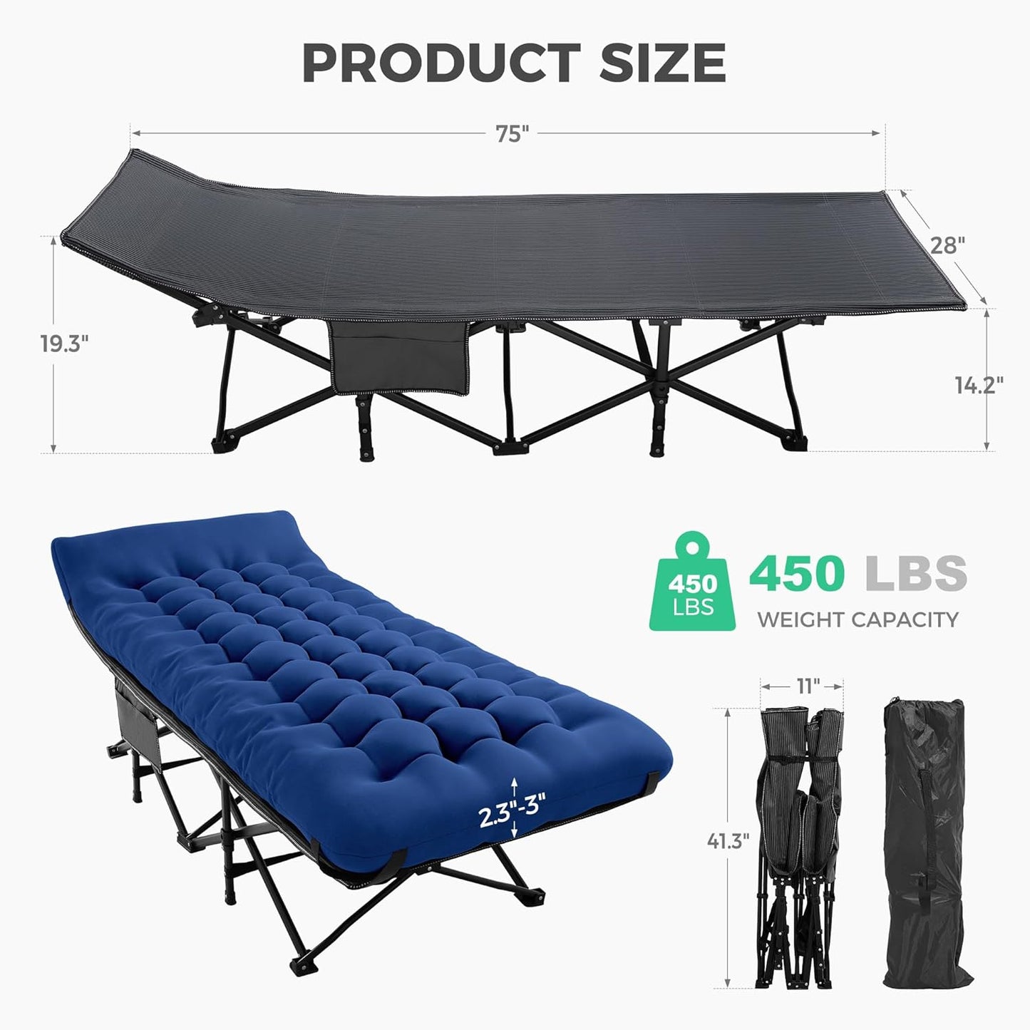 JEAREY Camping Cot for Sleeping 28" Extra Wide, Heavy-Duty 1200D Oxford Foliding Cots for Adults Portable with Mattress, Carry Bag for Guest, Travel, Hiking, Navy