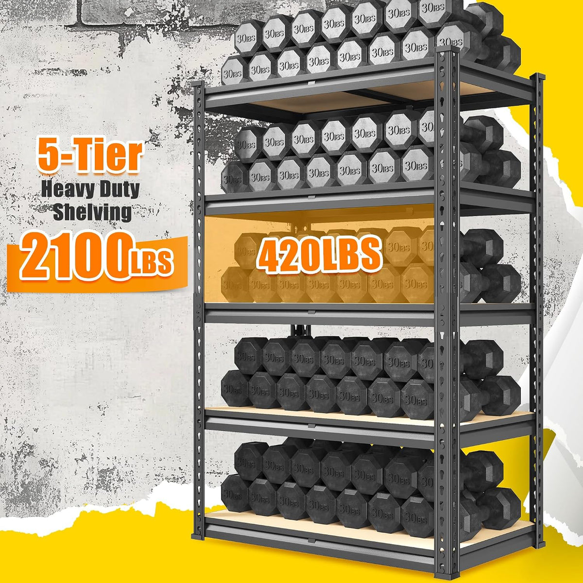 DurayLoly 72.12" H Garage Shelving, Storage Shelves Load 2100LBS, 5-Tier Adjustable Shelving Unit with Thickened Wooden Boards for Multiple Scenarios, 72.12" H x 35.55" W x 11.85" D, Black, 4 Pack