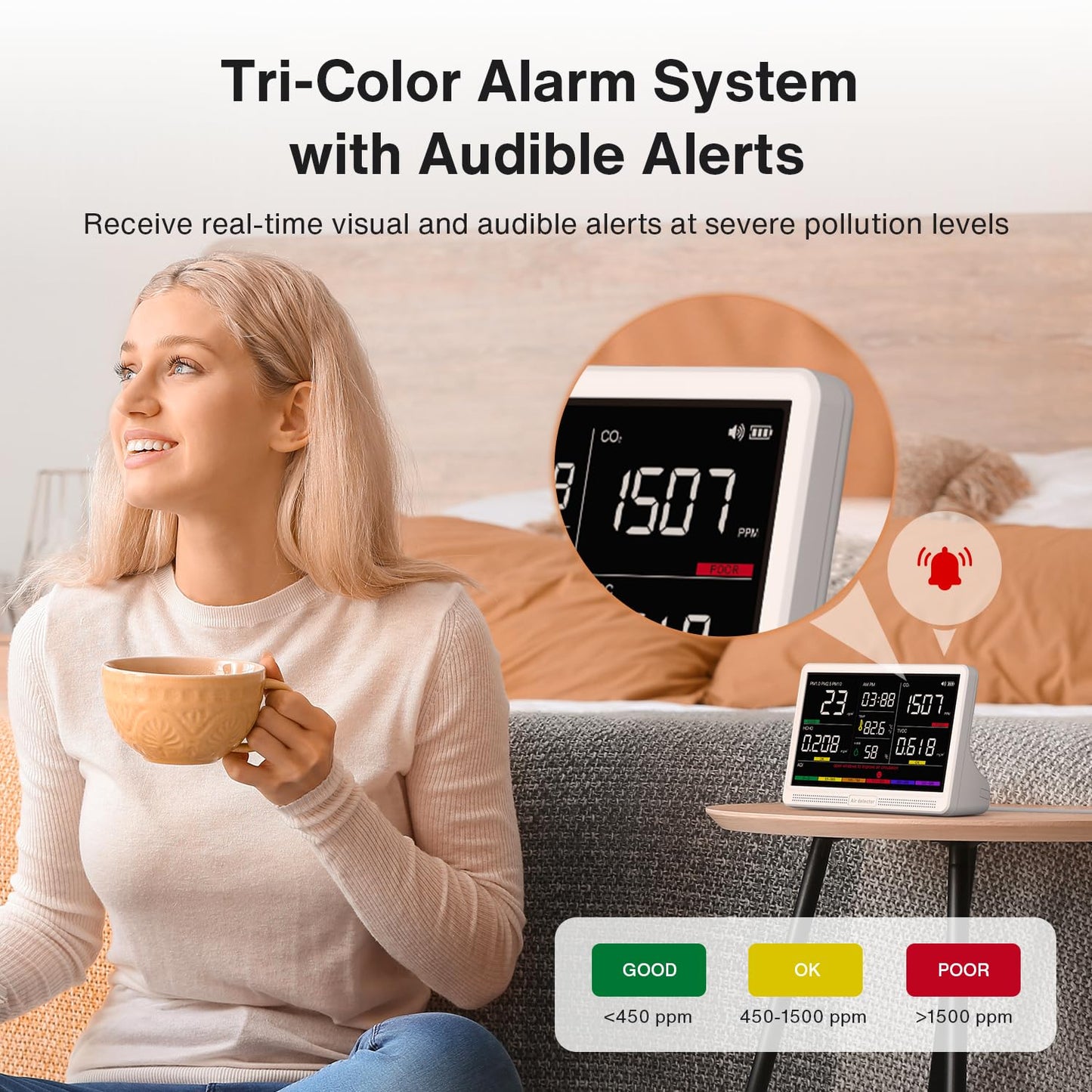 16 in 1 Air Quality Monitor Indoor 7" Large Display 9 AQI+7 Alerts, CO2 Monitor Air Quality Tester for CO2, TVOC, PM2.5 PM1.0 PM10, HCHO Temperature Humidity AQI & Time Air Quality Meter for Home
