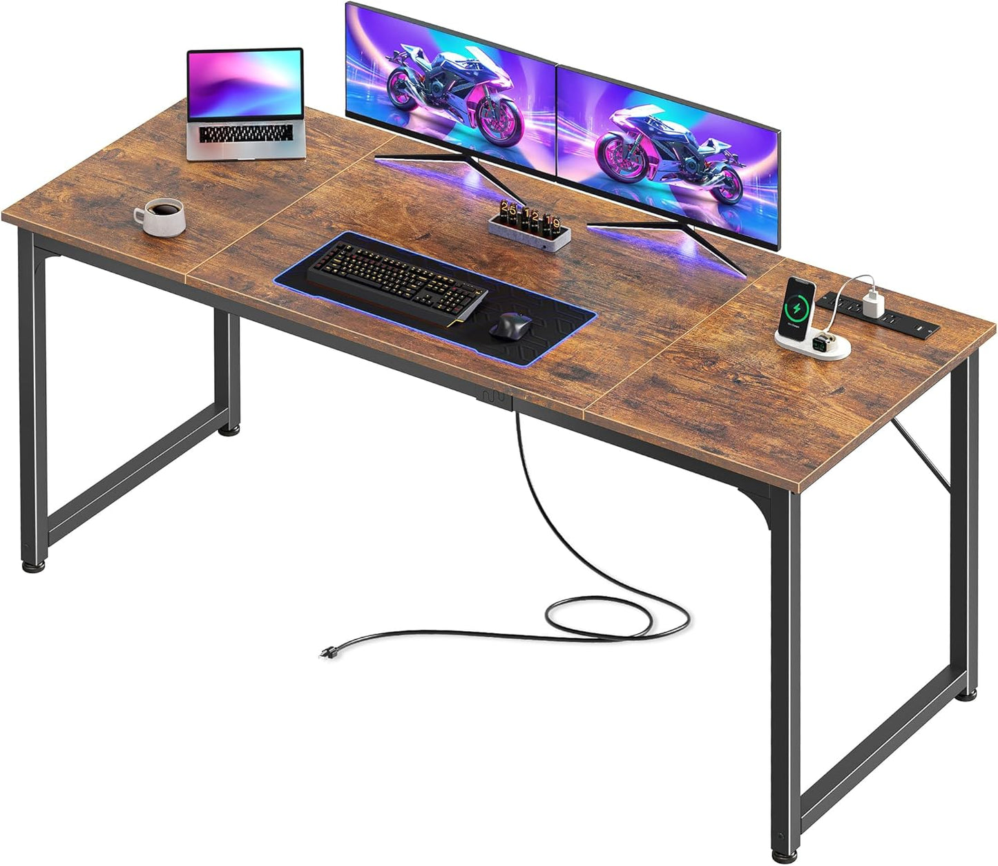 PRAISUN 63 X 24 Inch Office Computer Desk with Power Outlets and USB-C Port, Larger and Longer Gaming Desk, for Home Office, Study, Writing Work from Home Table, Metal Frame, White