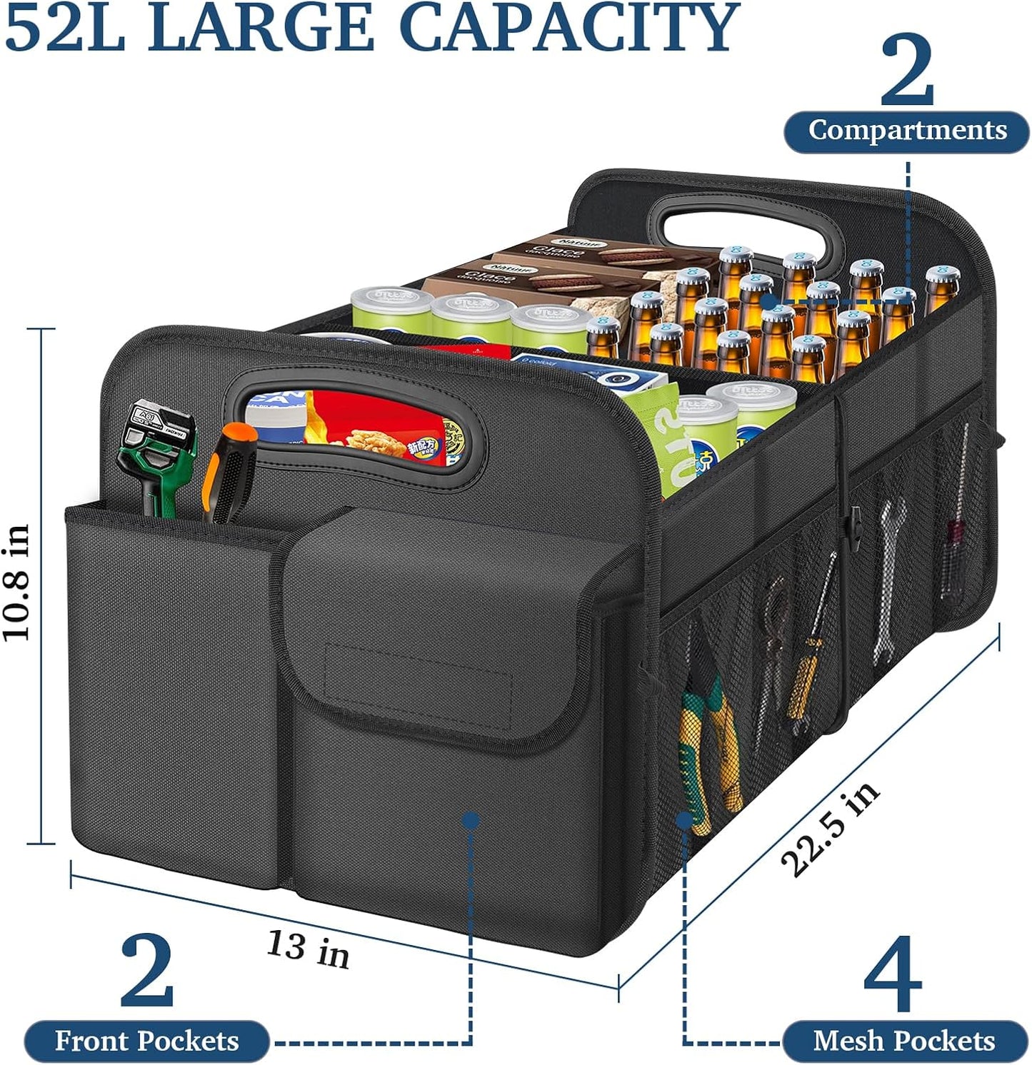 Femuar Car Trunk Organizer, Car Storage Organizer with Large Capacity Waterproof Collapsible Trunk Organizer for Car Suv/Jeep/Sedan (Grey, Standard)