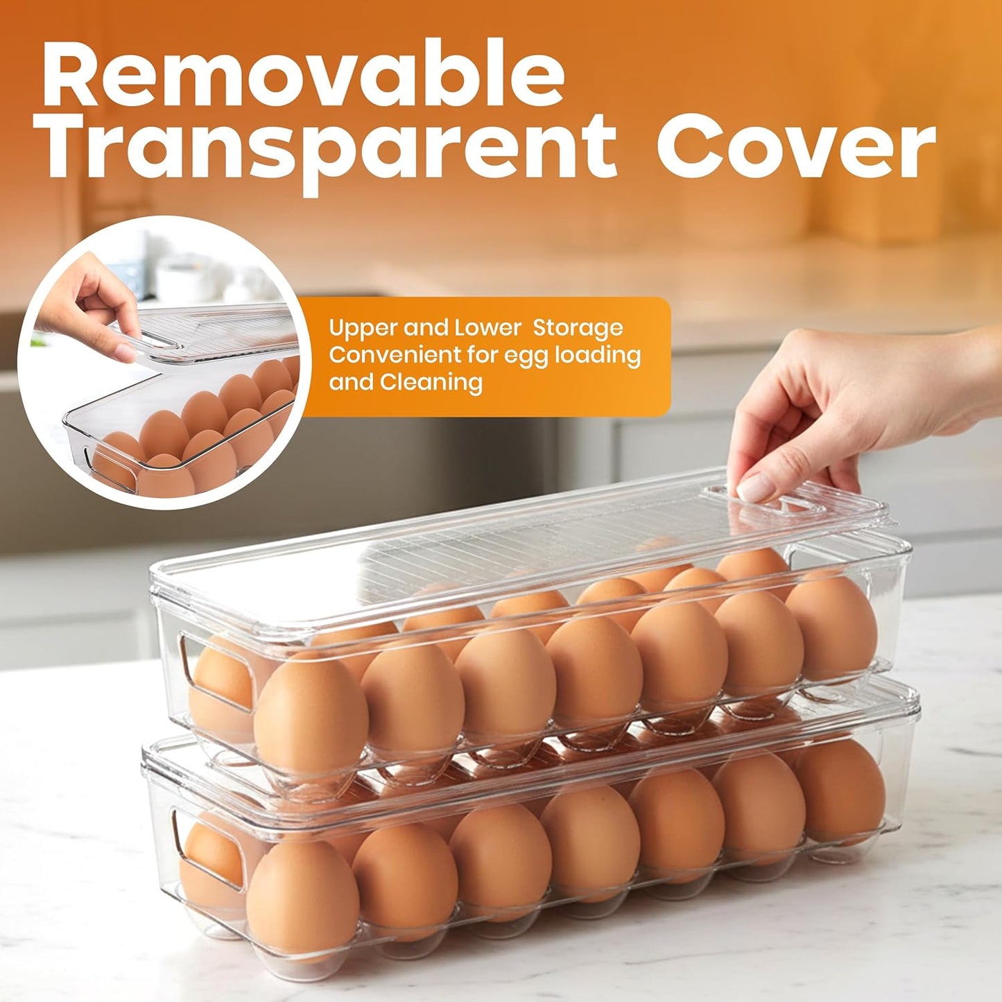 Utopia Home Egg Container With Lid and Handle for Refrigerator Organization- Pack of 2 - Clear Stackable Egg Holder for Kitchen or Pantry Organizers and Storage