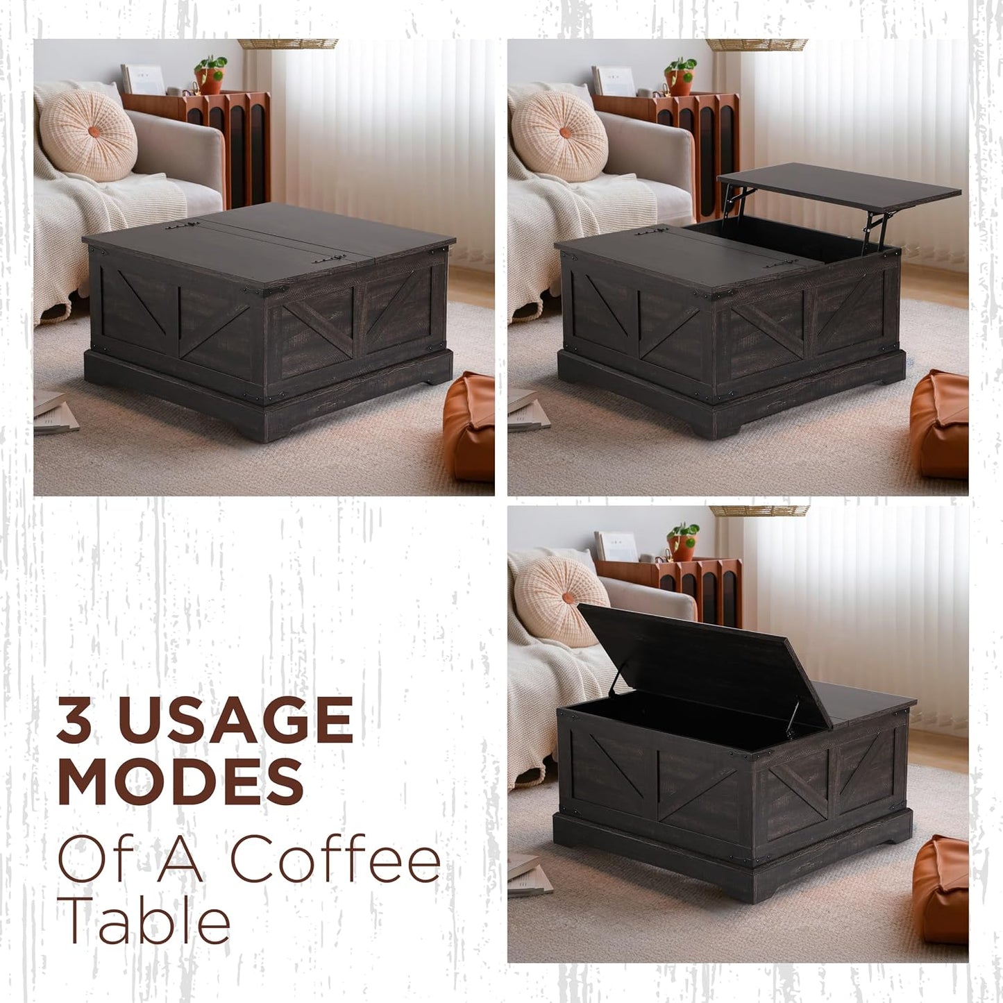 KIGOTY 31.5" Lift Top Coffee Table with Hidden Storage, Black | Square Farmhouse Style with Spacious Interior, All-in-one Living Room Table, Easy to Wipe and Adjust