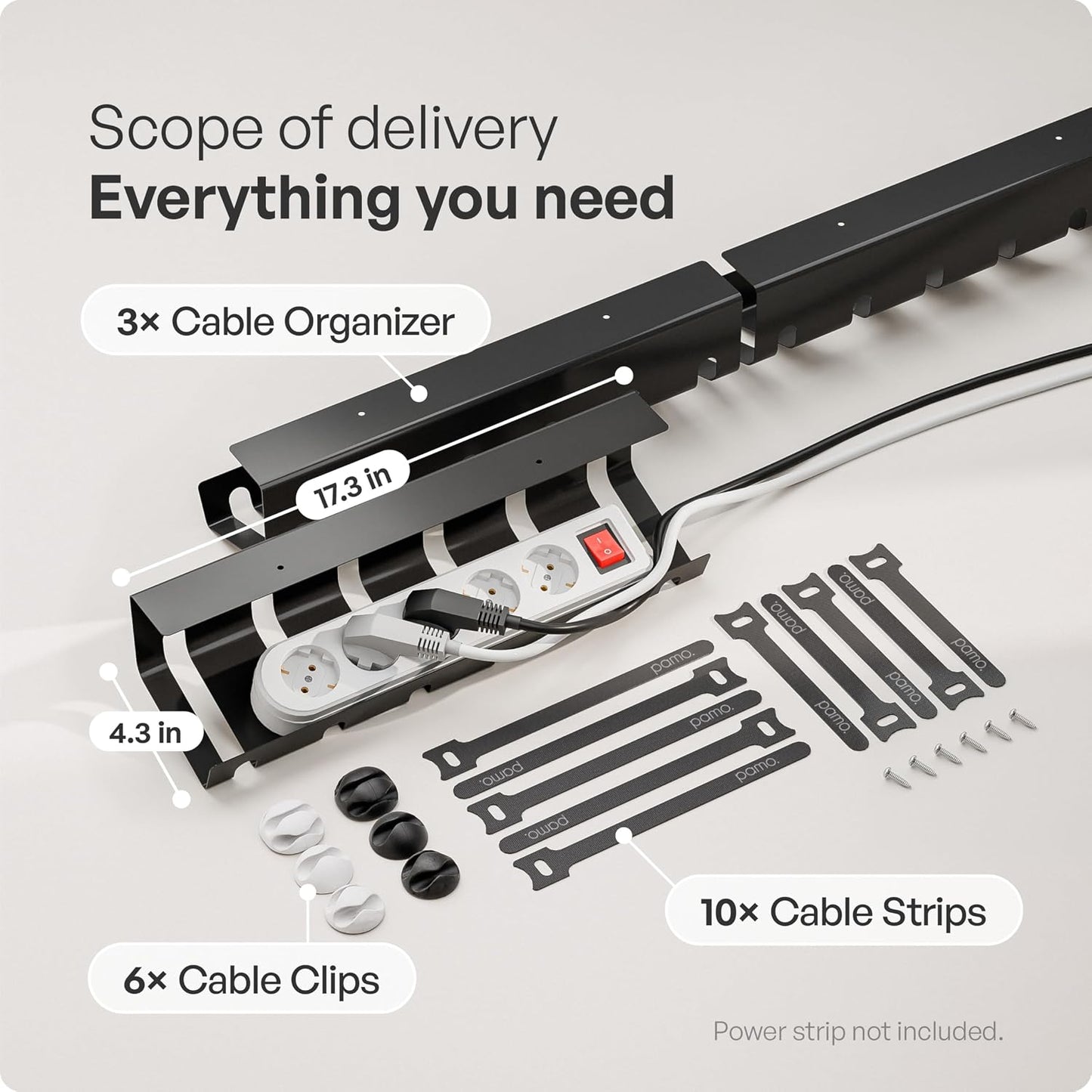 PAMO Cable Management Under Desk, Set of 3 - Black | Easy under-table mounting keeps cables organized, includes 10 cable ties for a clean and tidy office or home workspace.