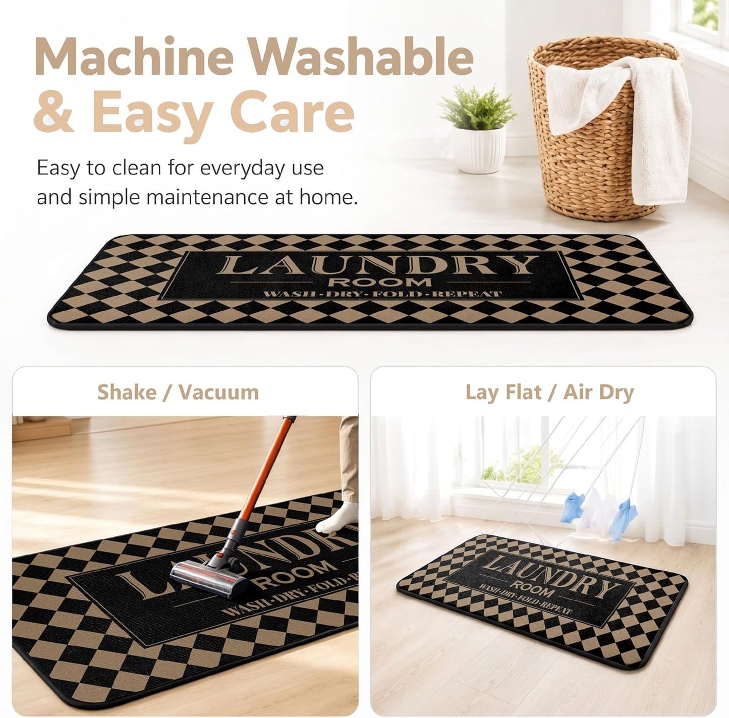 ROMAMIGO Laundry Room Rug Runner Non Slip Laundry Mats Mudroom Runner Laundry Room Decor Accessories Farmhouse Kitchen Floor Mat (Black Beige Checkered, 20 X 47 inch)