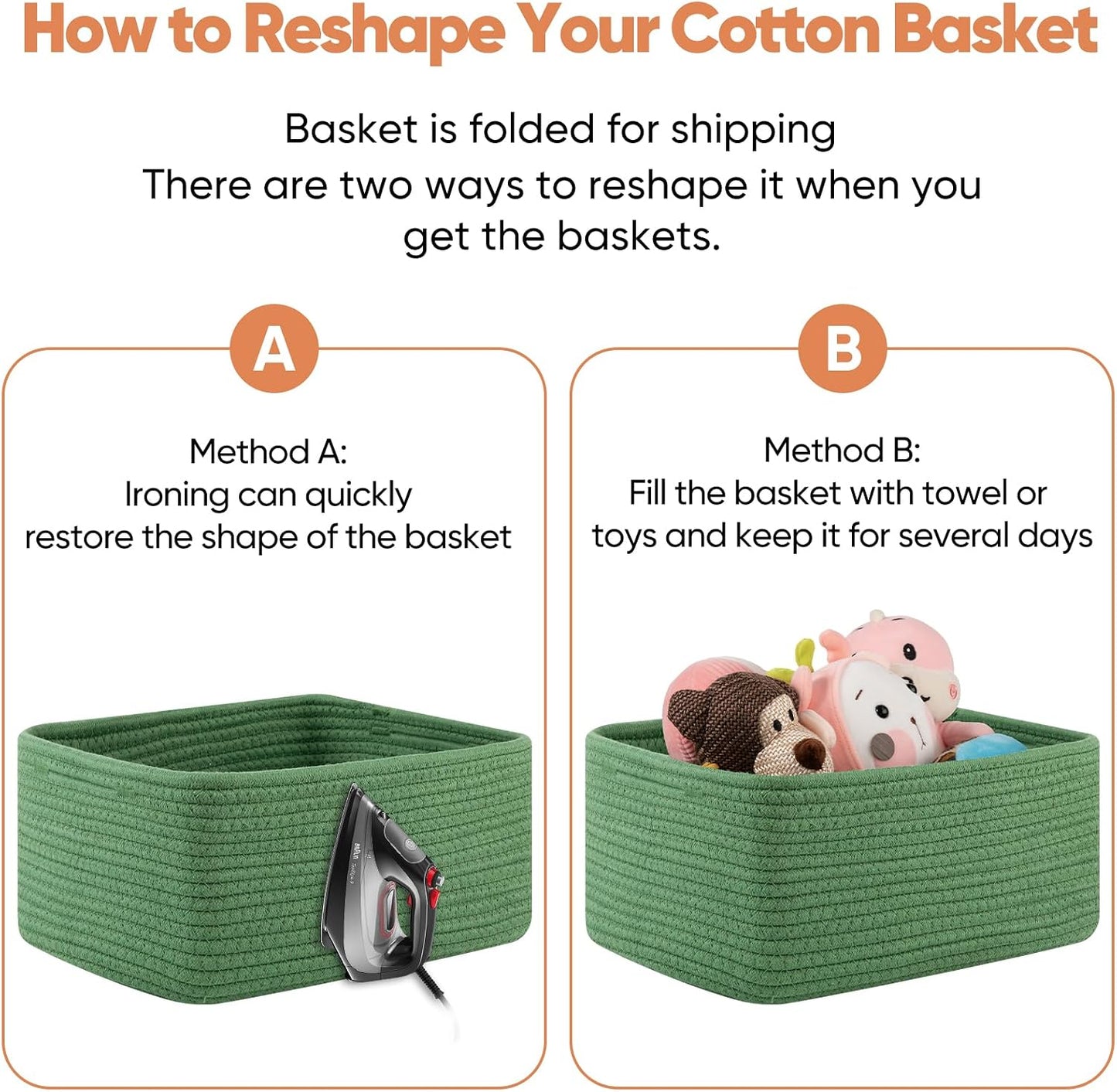 OIAHOMY 4 Pack 14.17 * 11.02 * 6.3IN Storage Baskets for Organizing Shelves, Woven Rope Baskets for Organizing Books, Clothes, Decorative Basket for Living Room, Nursery, Bedroom, Gift Basket, Green