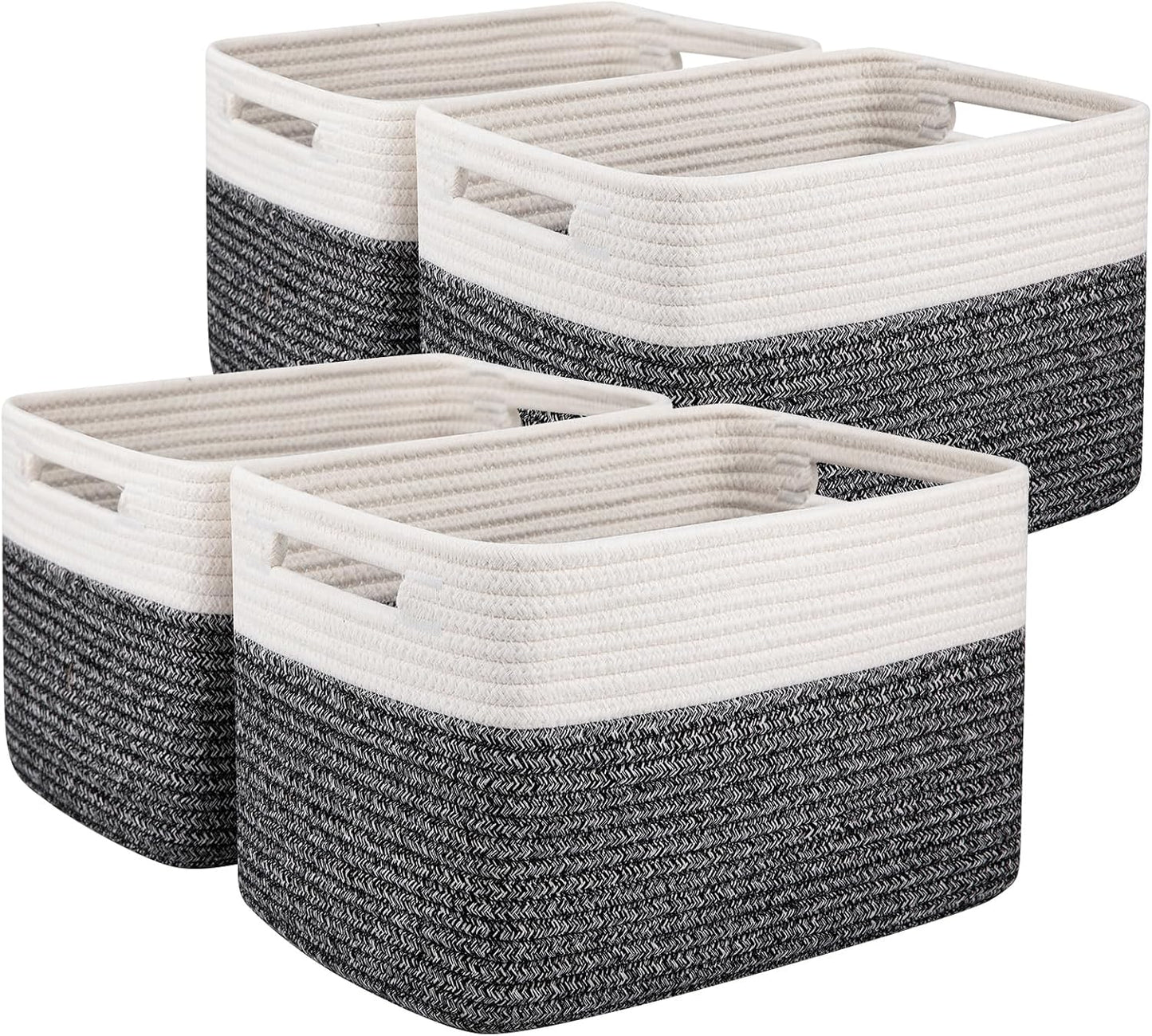 OIAHOMY 4 Pack Storage Basket, 13"x9"x7.8" Cotton Rope Baskets for Shelves, Closet Organizer for Bedroom & Living Room, Soft Decorative Bins for Organizing Towels, Books & Toys, Black & White