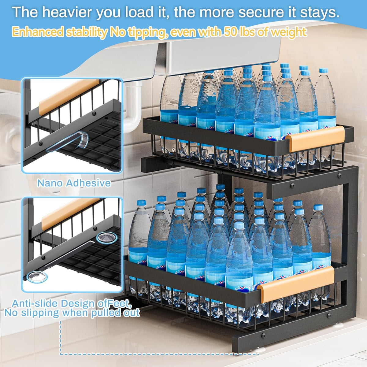 ADBIU Under Sink Organizer 2 Packs 2 Tier Expandable Height Under-Sink Organizers Slide Out Pull Out Organizer Shelf, Black