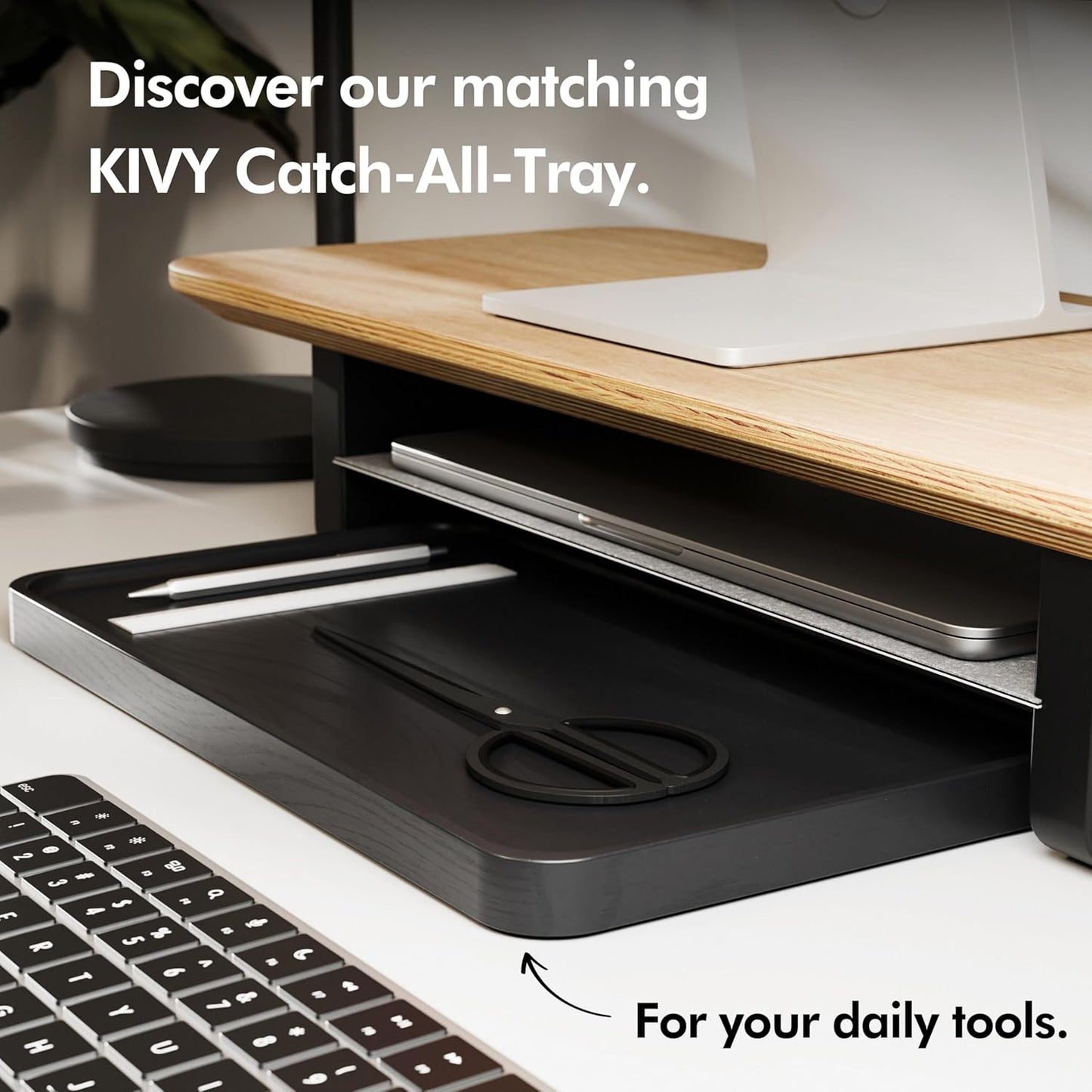 KIVY Dual Monitor Riser with Integrated Metal Shelf - Wooden desk shelf for top of desk - Wood monitor stand for desk 2 monitors / tv - Dual monitor stand riser for desk - Large walnut monitor stand