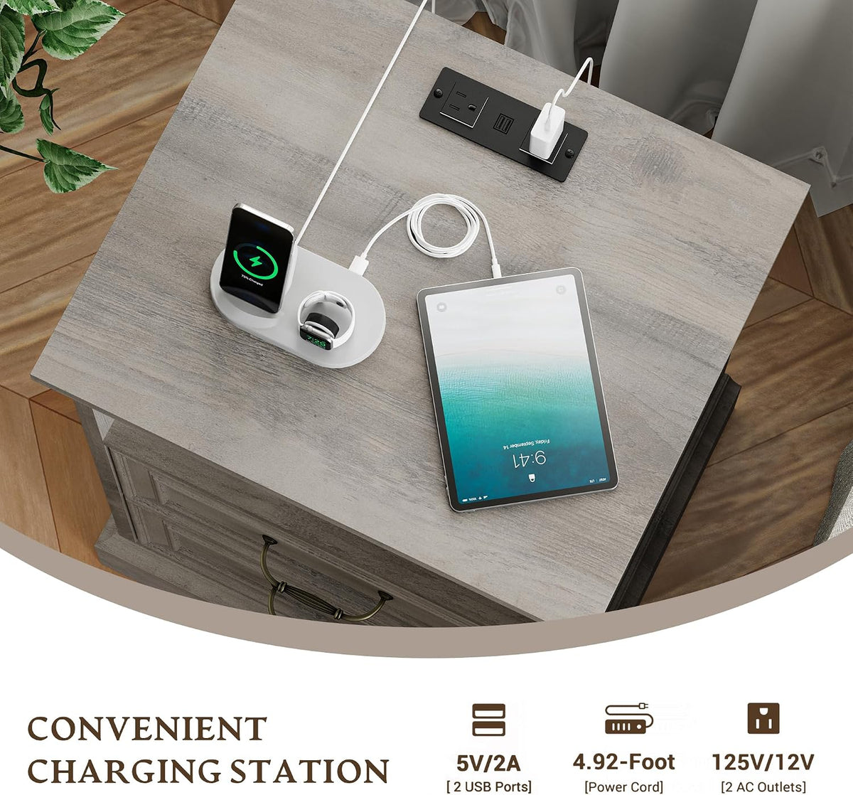 Xixini Nightstand with Charging Station, Farmhouse Light Grey Bedside Table