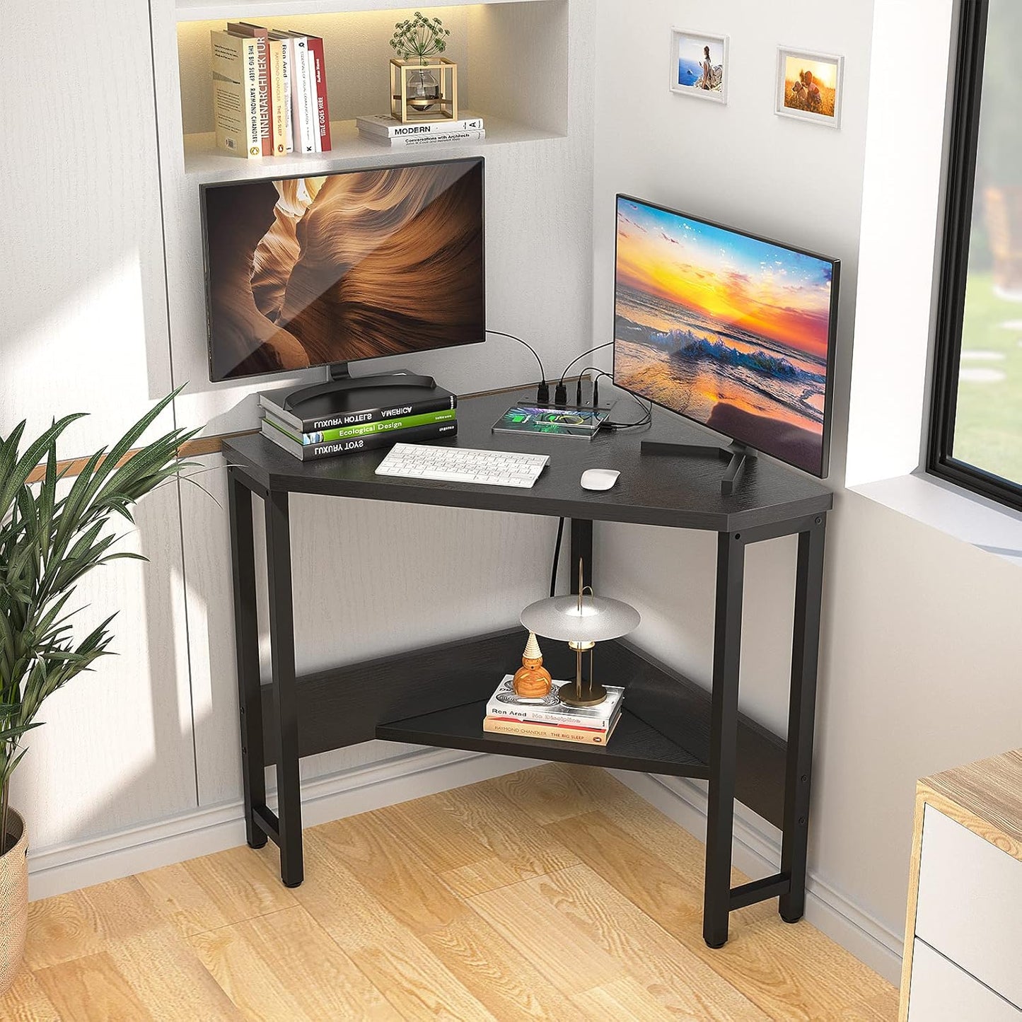 Armocity Corner Desk Small Desk with Outlets Corner Table for Small Space, Computer Desk with USB Ports Triangle Desk with Storage for Home Office, Workstation, Living Room, Bedroom, Black