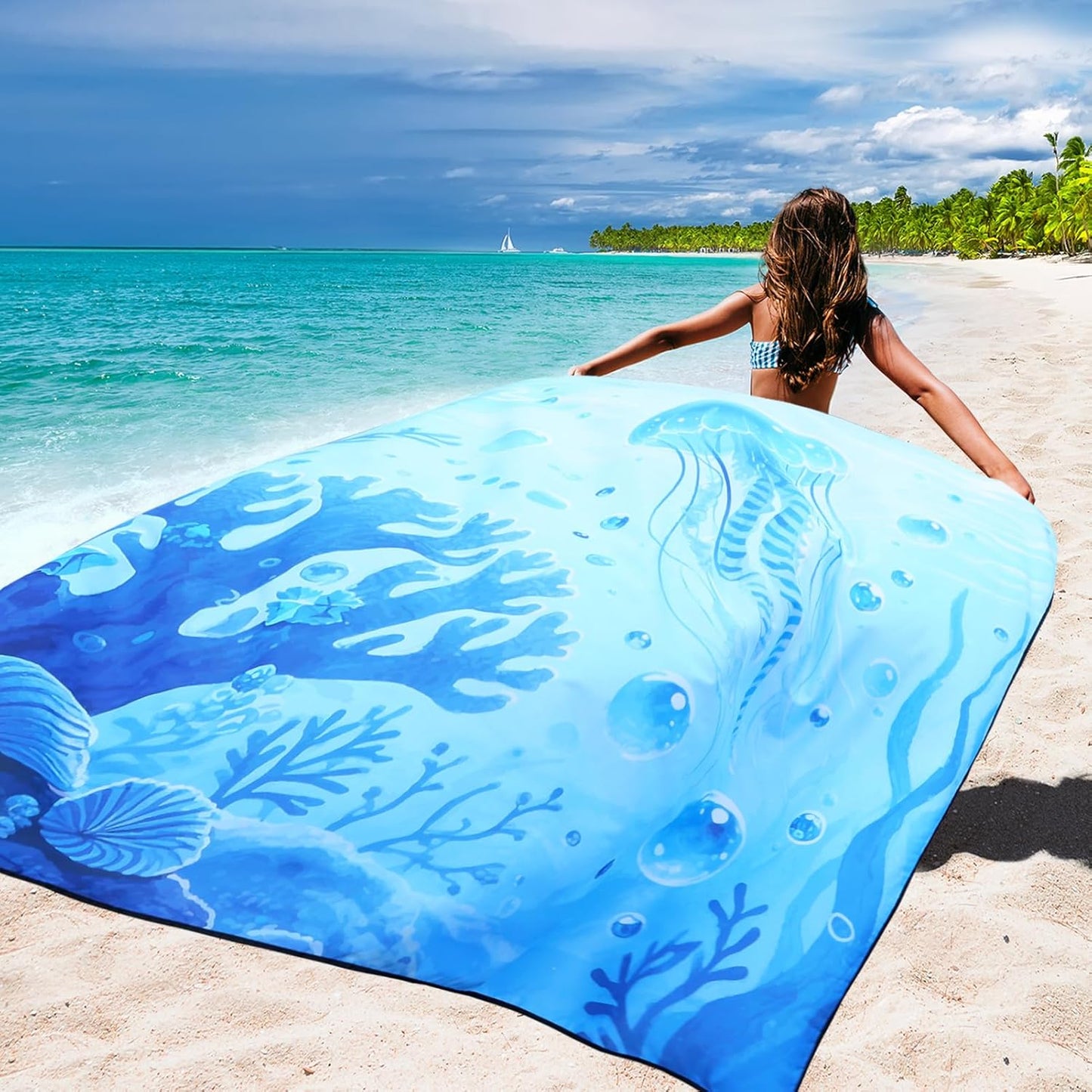 WIWIGO Beach Blanket Waterproof Sandproof Beach Mat 79" X 83"/10'x9'for 2-8 Adults Quick Drying Outdoor Picnic Mat Beach Accessories for Travel, Camping, Hiking