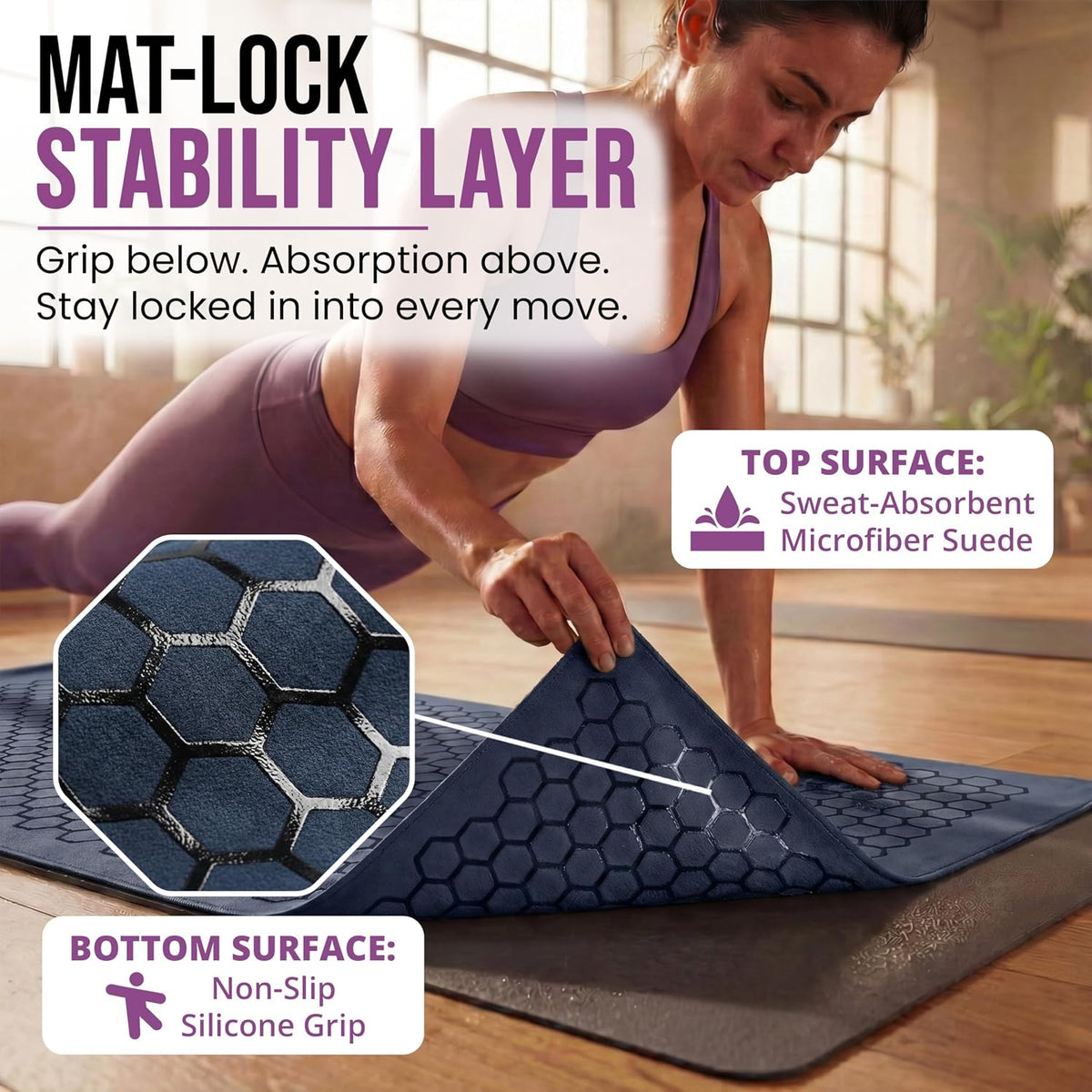 Clever Yoga Hot Yoga Mat Towel – Non-Slip Grip for Hot Yoga, Sweat Absorbent, Honeycomb Silicone Grip, Stays Flat – Ideal for Pilates, Travel, Washable & Lightweight - Dark Blue